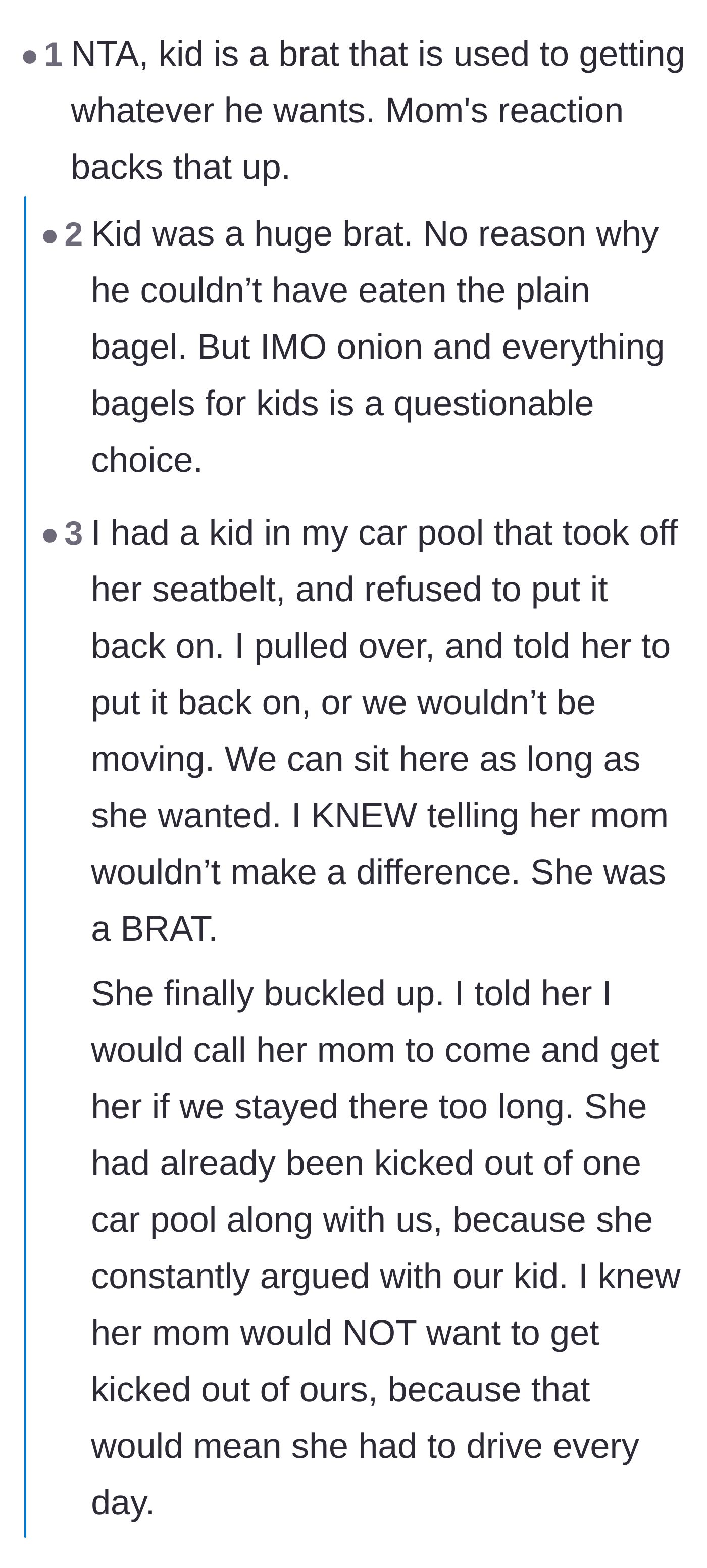 Comment thread 2 - Debates over the dad's savory bagel choices and stories of shutting down bratty behavior in carpools.
