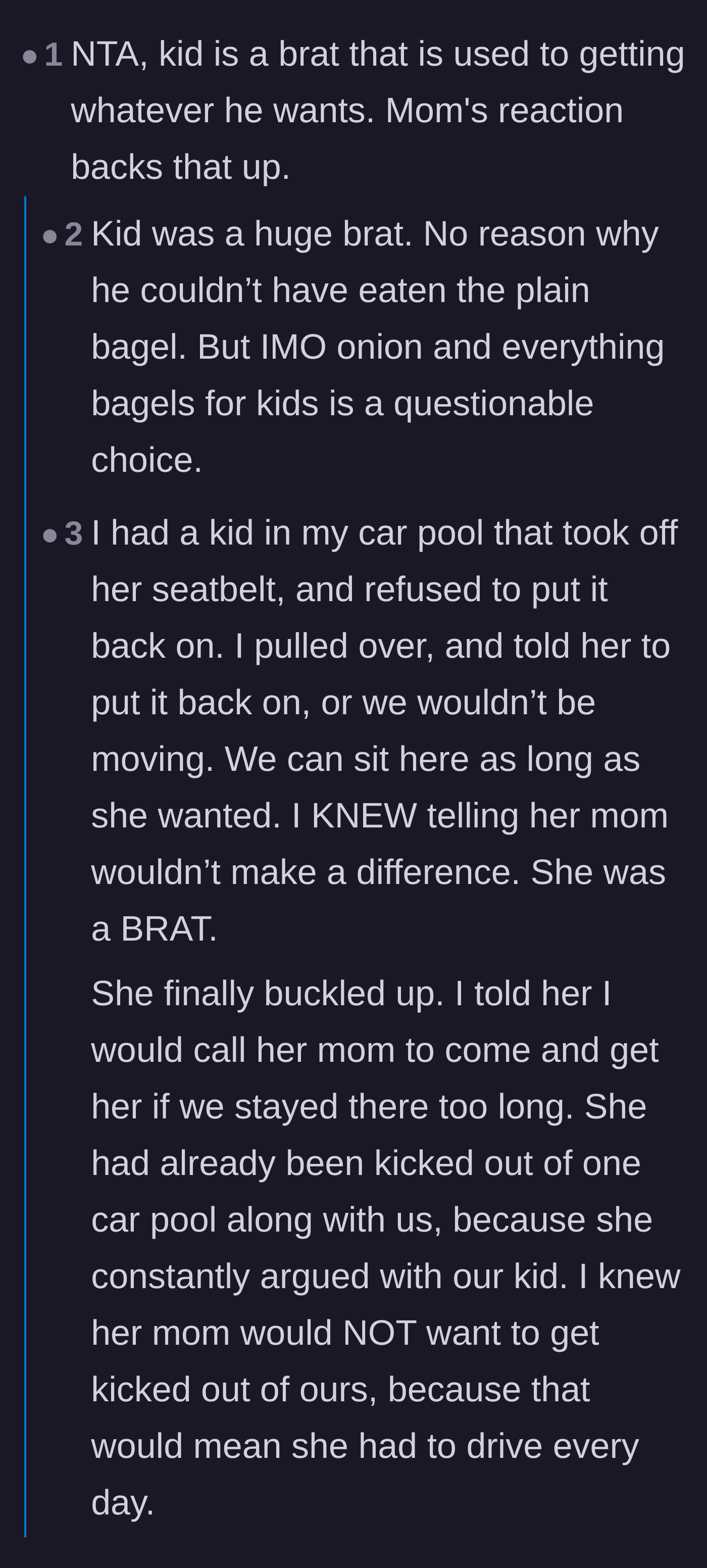 Comment thread 2 - Debates over the dad's savory bagel choices and stories of shutting down bratty behavior in carpools.