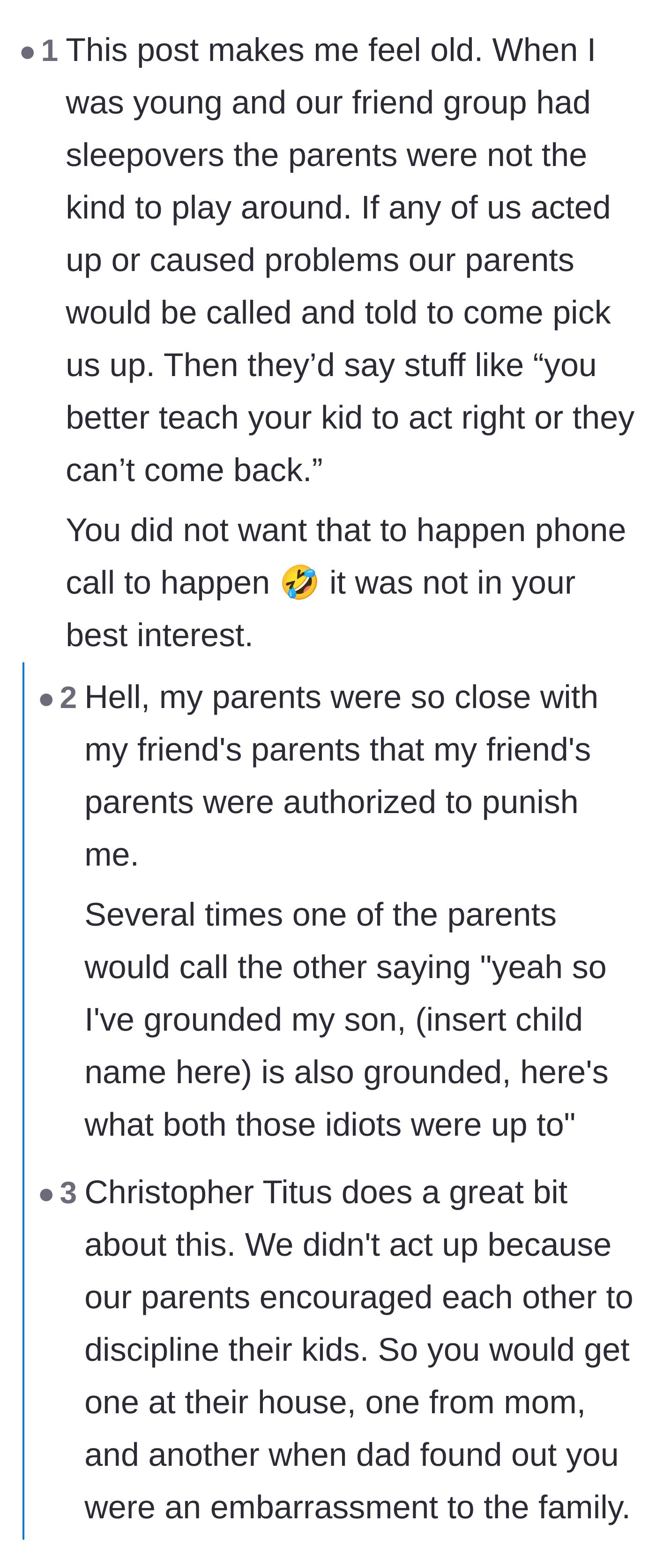 Comment thread 4 - Nostalgia for old-school parenting where adults empowered each other to discipline misbehaving kids.