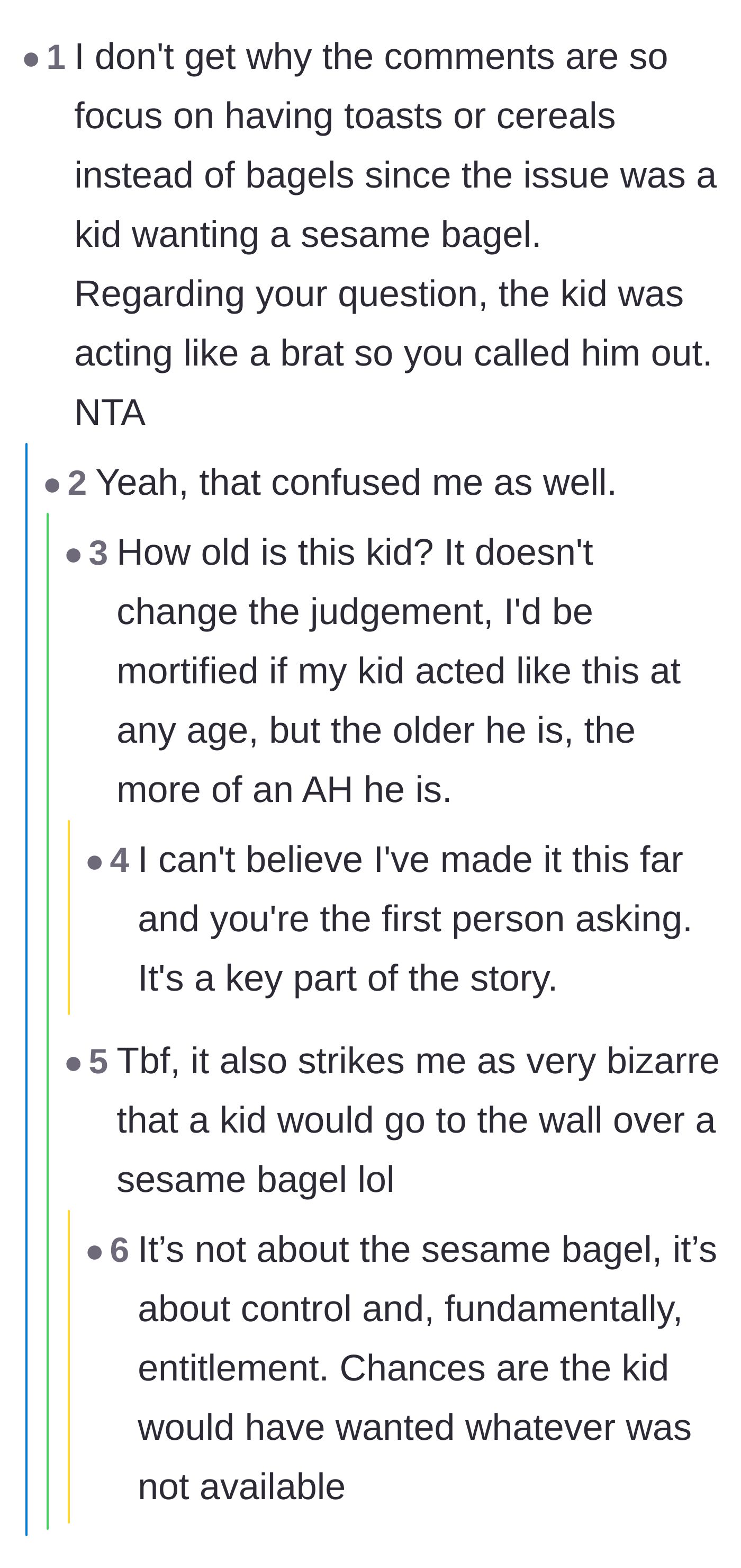 Comment thread 5 - Pointing out that the tantrum wasn't actually about the bagel, but rather about control and entitlement.