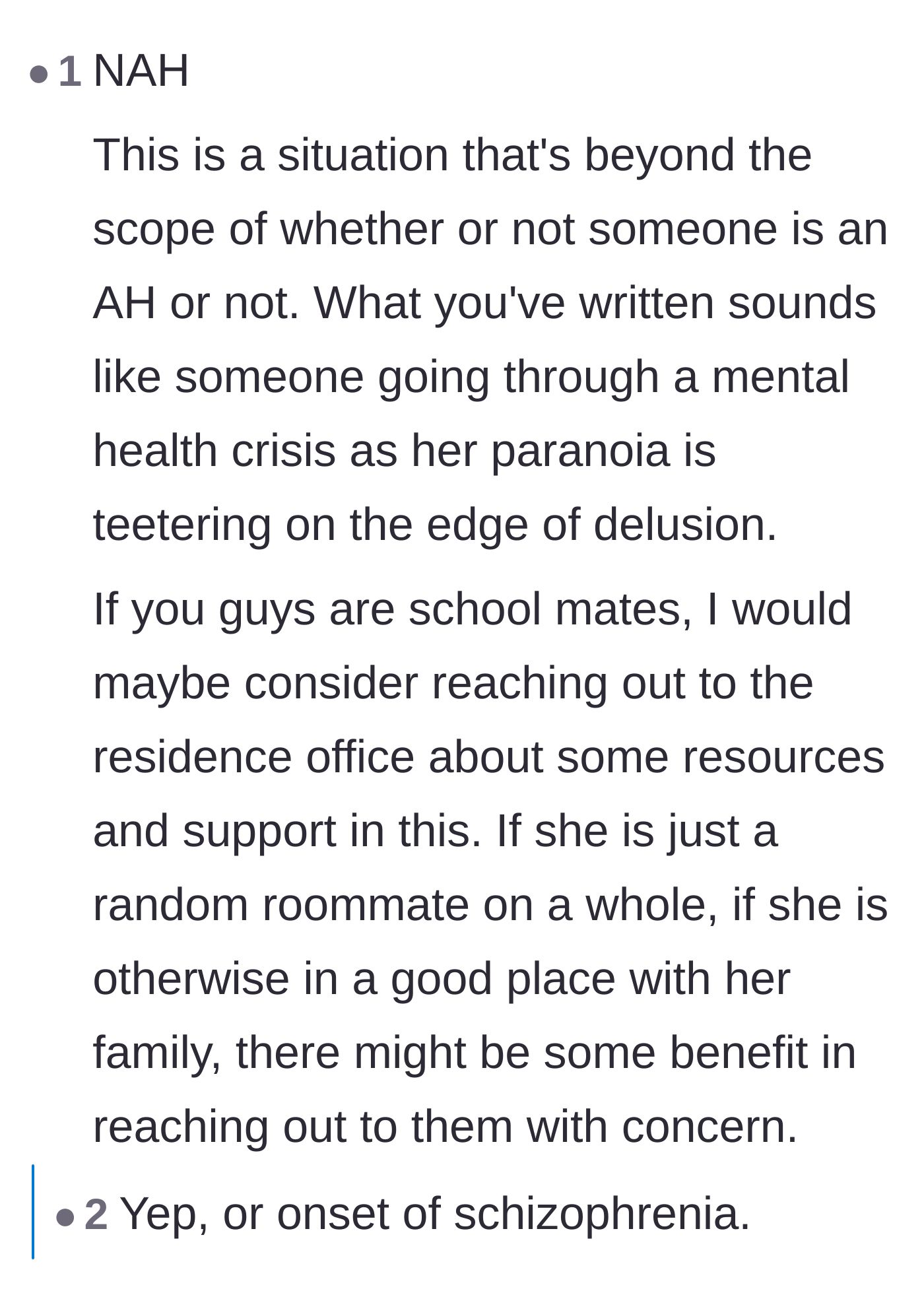 Comment thread 1 - Readers debating whether to call for a mental health check and sharing de-escalation tactics.