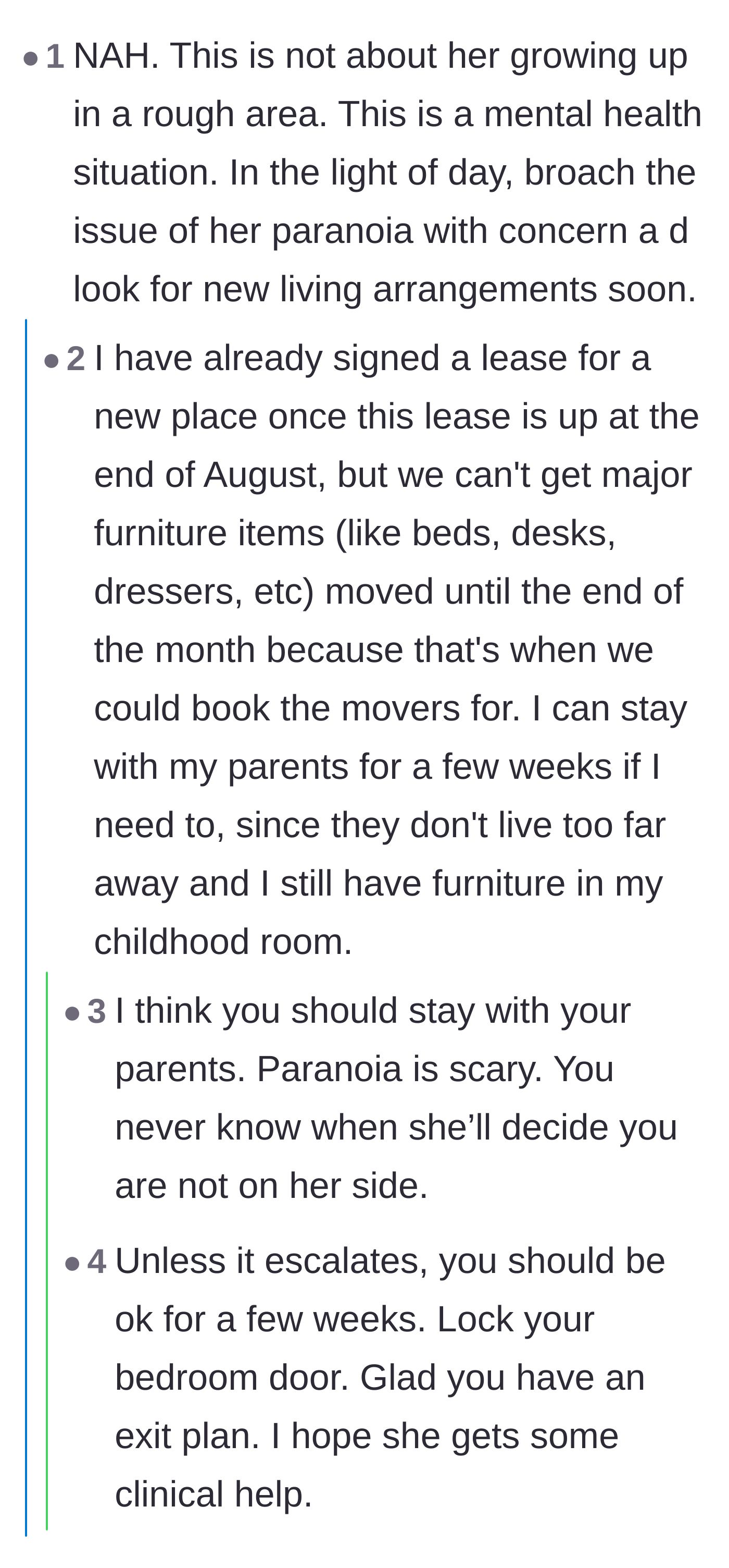 Comment thread 2 - Advice urging the main character to pack a bag and move back in with her parents immediately.