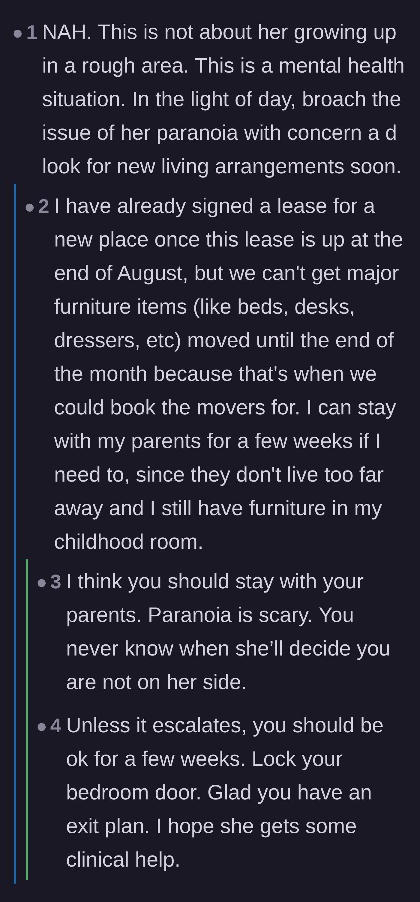 Comment thread 2 - Advice urging the main character to pack a bag and move back in with her parents immediately.