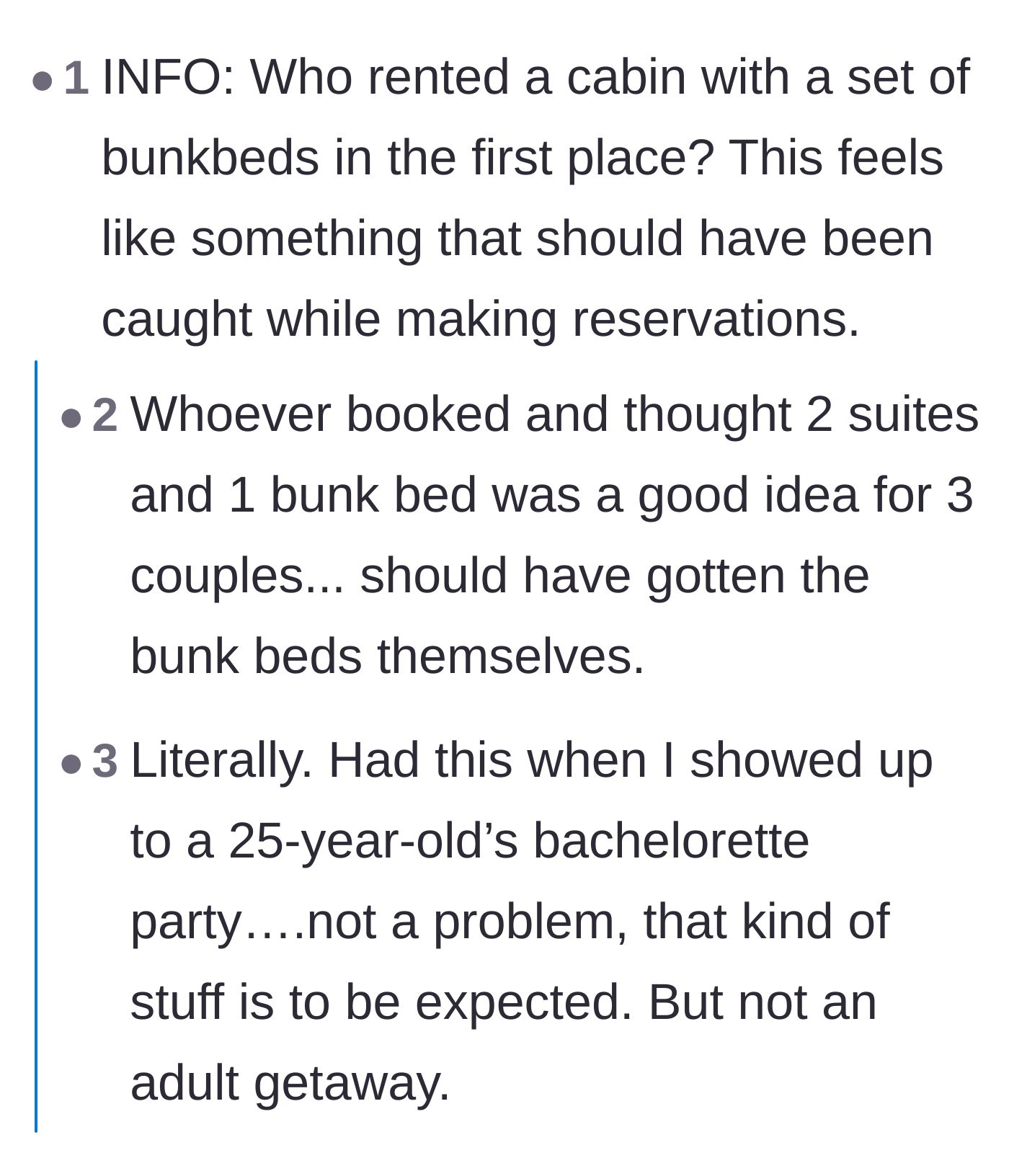 Comment thread 2 - Readers questioning why anyone would book a cabin with bunk beds for an adult couples' trip.