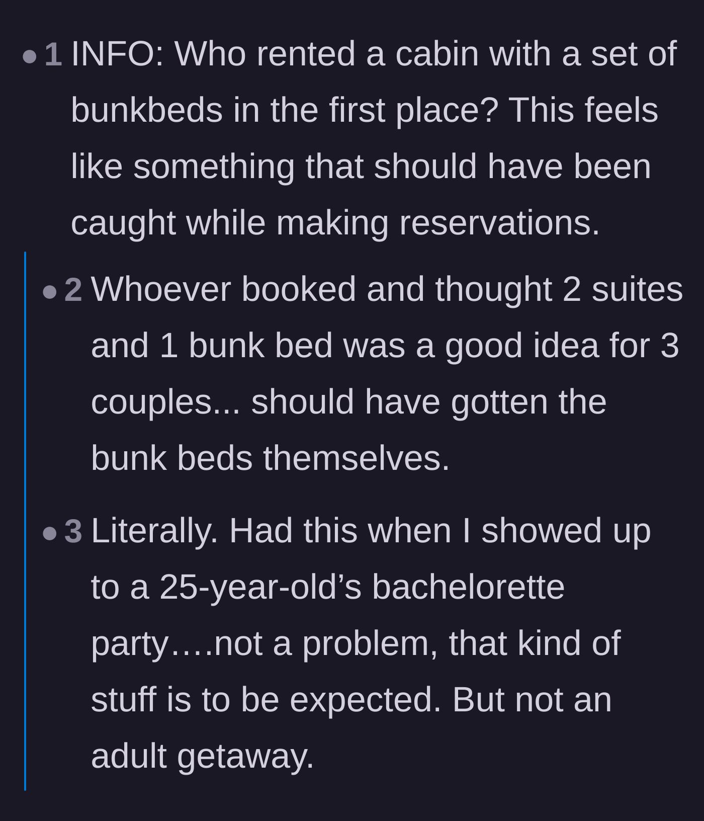 Comment thread 2 - Readers questioning why anyone would book a cabin with bunk beds for an adult couples' trip.