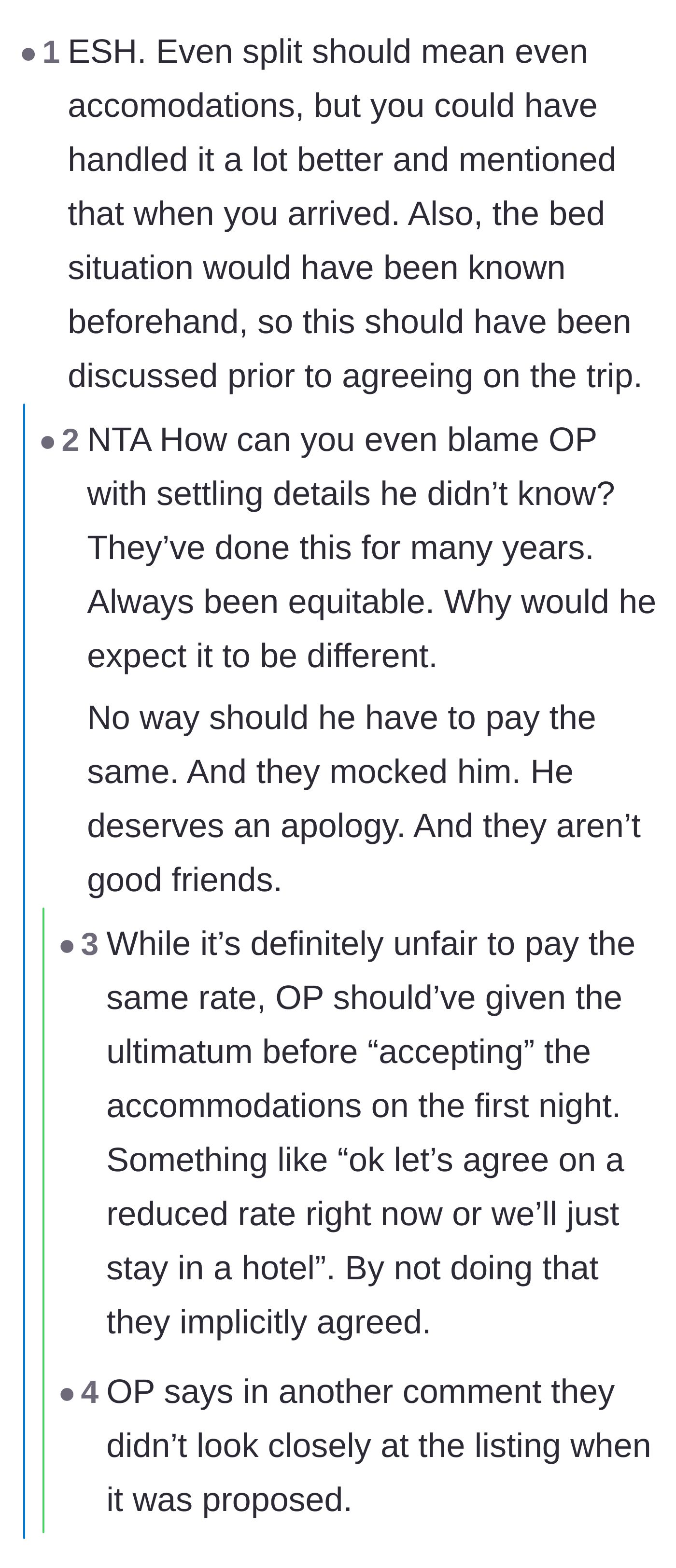 Comment thread 3 - Discussion on whether the husband should have demanded a discount on the first night instead of waiting.