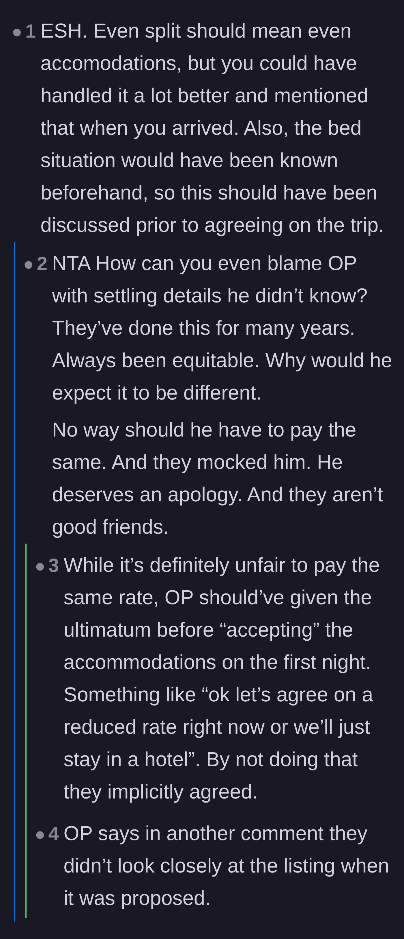 Comment thread 3 - Discussion on whether the husband should have demanded a discount on the first night instead of waiting.