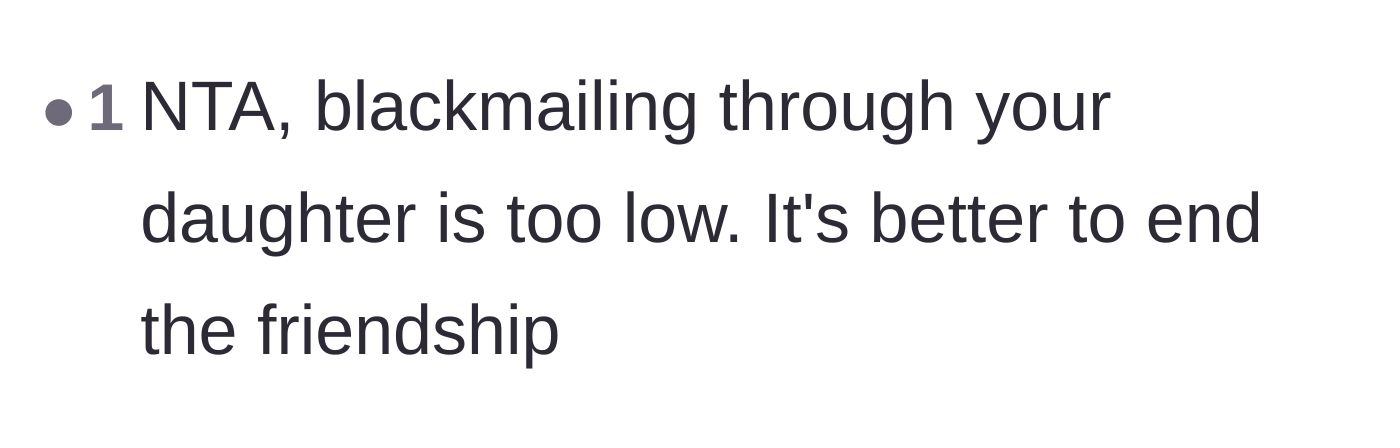 Comment thread 1 - Readers agreeing that using a child to blackmail the hosts is a clear reason to end the friendship.