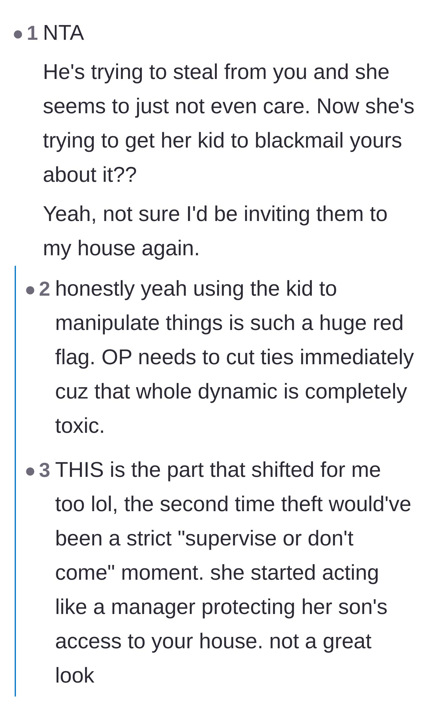 Comment thread 2 - A discussion on how the mother's total lack of concern and manipulation are massive red flags.