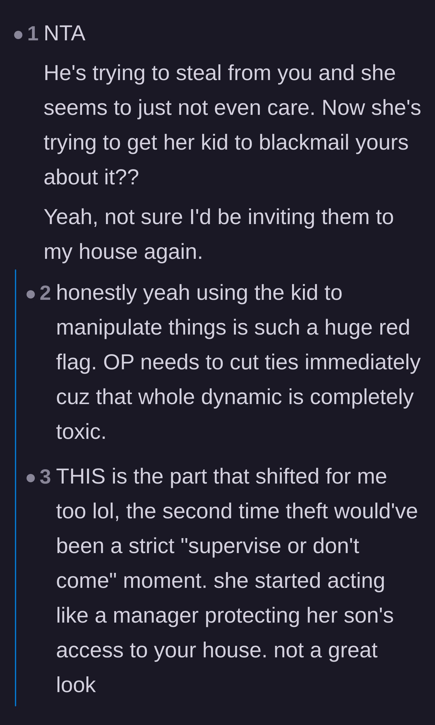 Comment thread 2 - A discussion on how the mother's total lack of concern and manipulation are massive red flags.
