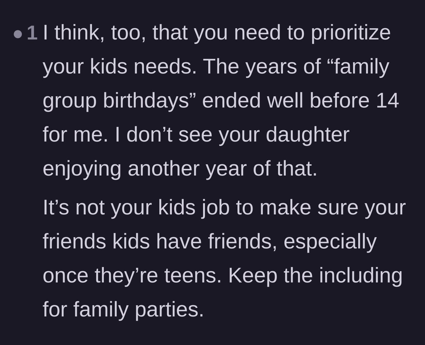 Comment thread 3 - Advice emphasizing that a fourteen-year-old girl shouldn't be forced into combined family playdates anymore.