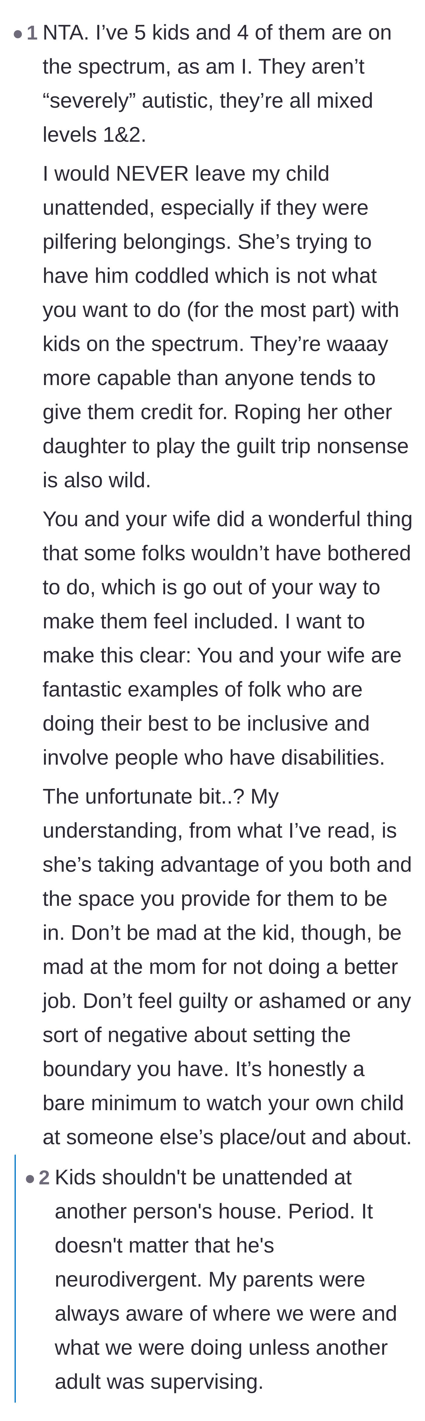 Comment thread 4 - An autistic parent commends the hosts for their inclusion while calling out the mother for neglecting her basic parenting duties.