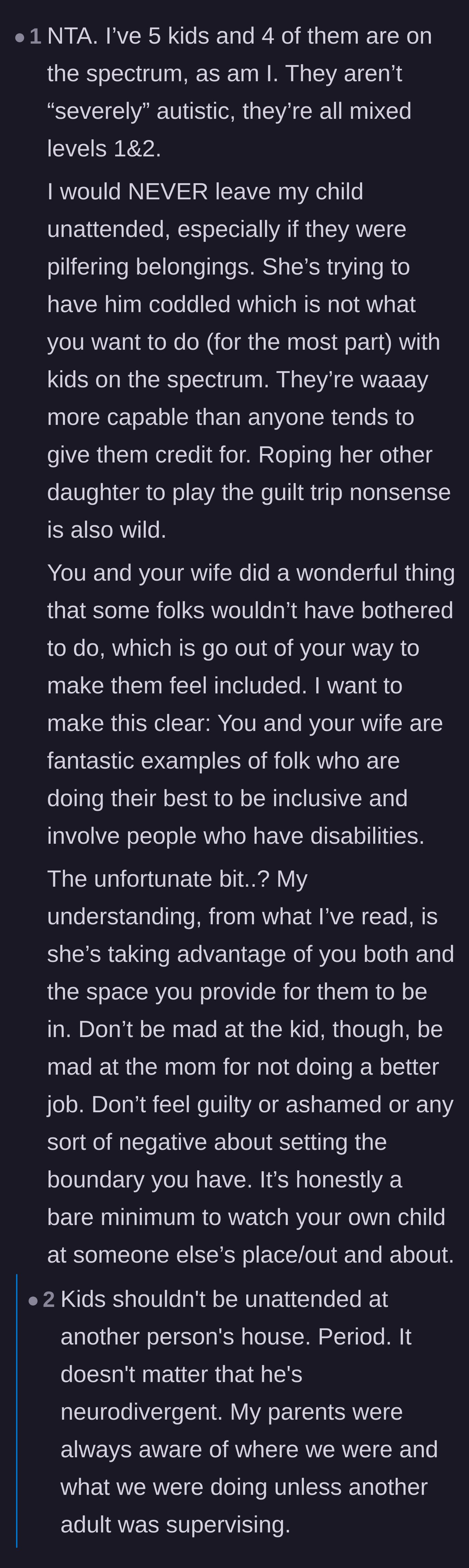 Comment thread 4 - An autistic parent commends the hosts for their inclusion while calling out the mother for neglecting her basic parenting duties.