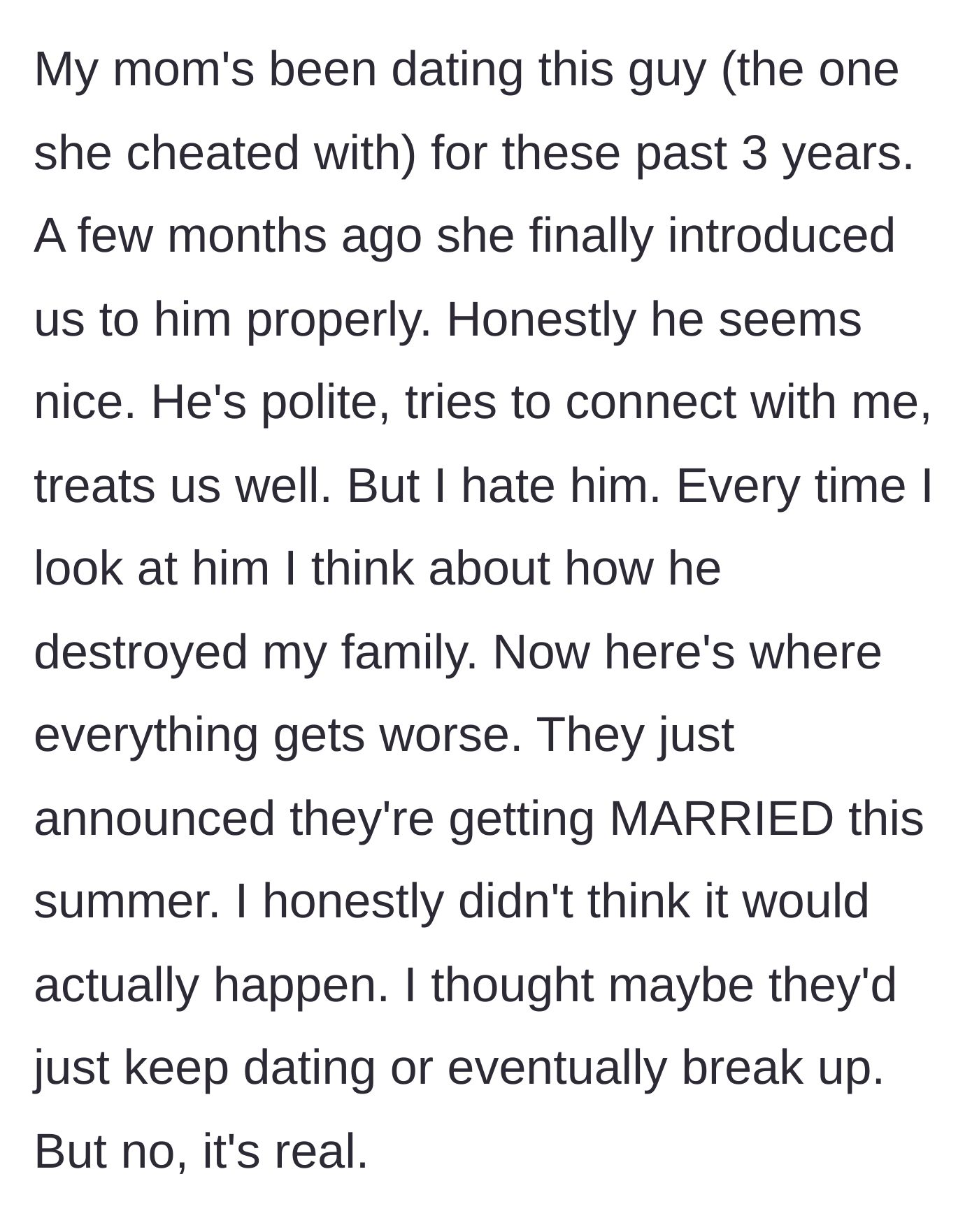 Story part 3 - The mother formally introduces the affair partner, who is polite, but the boy harbors deep resentment before learning they are getting married this summer.