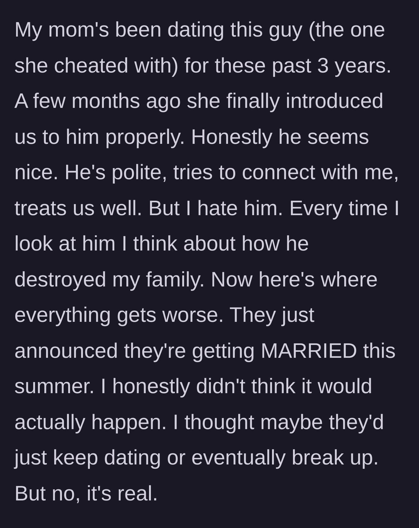 Story part 3 - The mother formally introduces the affair partner, who is polite, but the boy harbors deep resentment before learning they are getting married this summer.