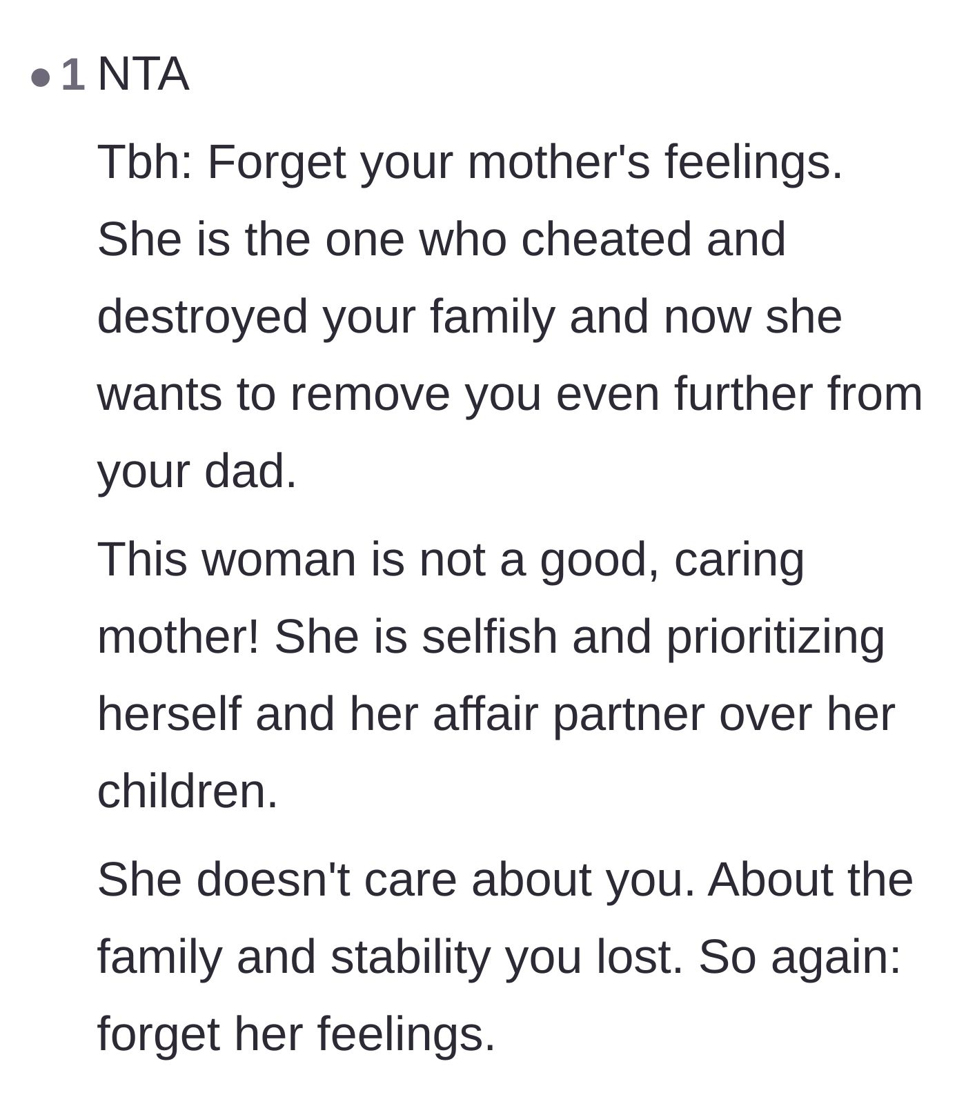 Comment thread 6 - Harsh condemnation of the mother for prioritizing her affair partner over her child's emotional stability