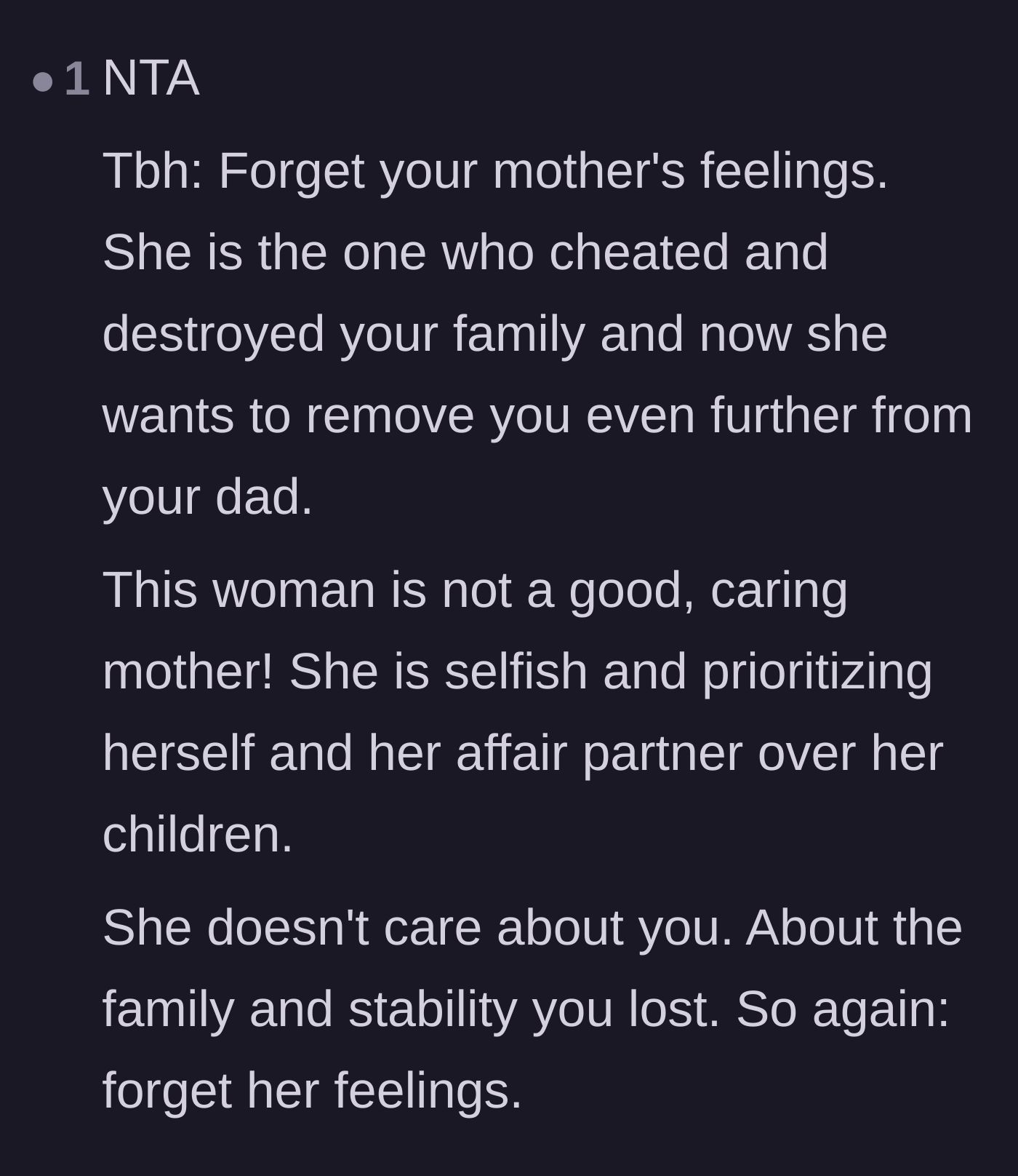 Comment thread 6 - Harsh condemnation of the mother for prioritizing her affair partner over her child's emotional stability