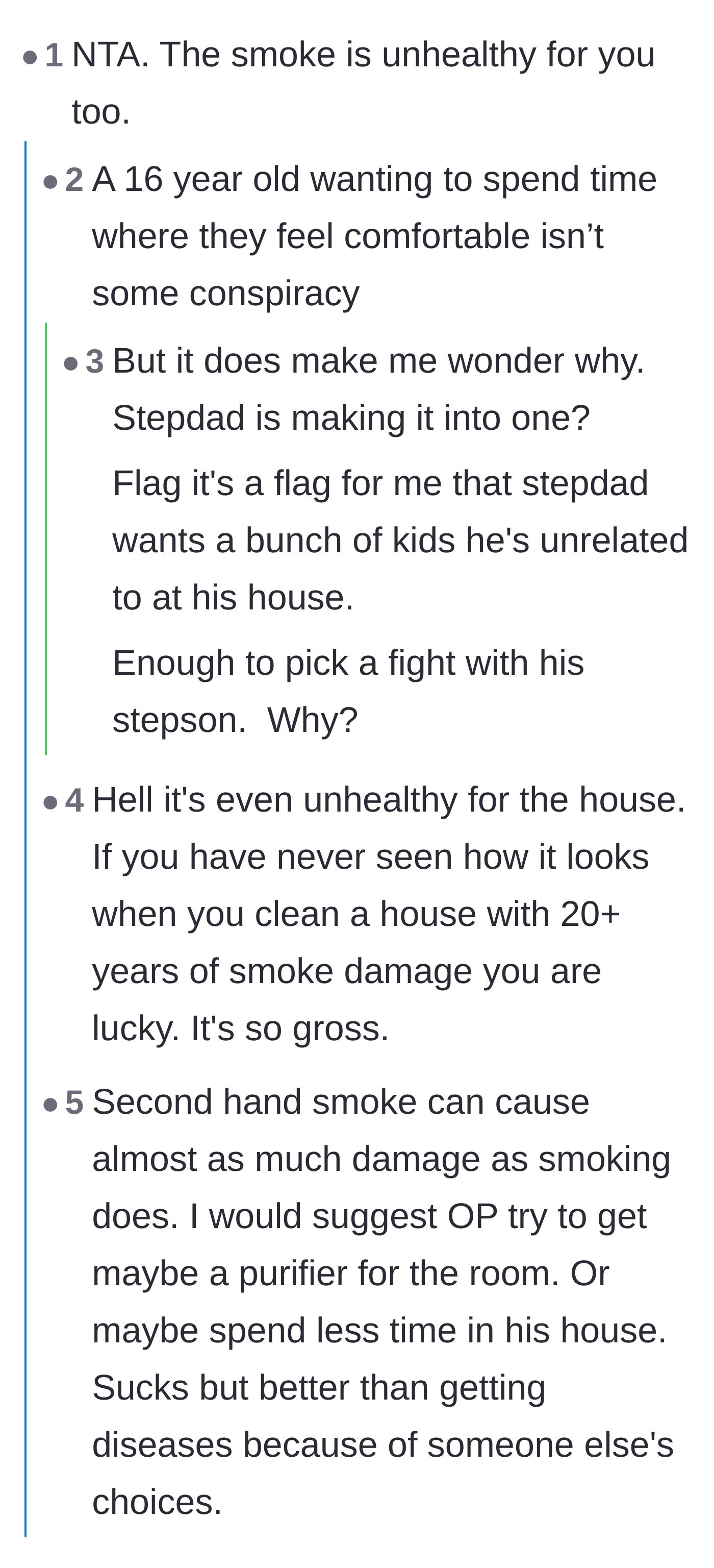 Comment thread 1 - Discussions about the severe health hazards and physical grossness of indoor smoking, including cleaning stained walls.