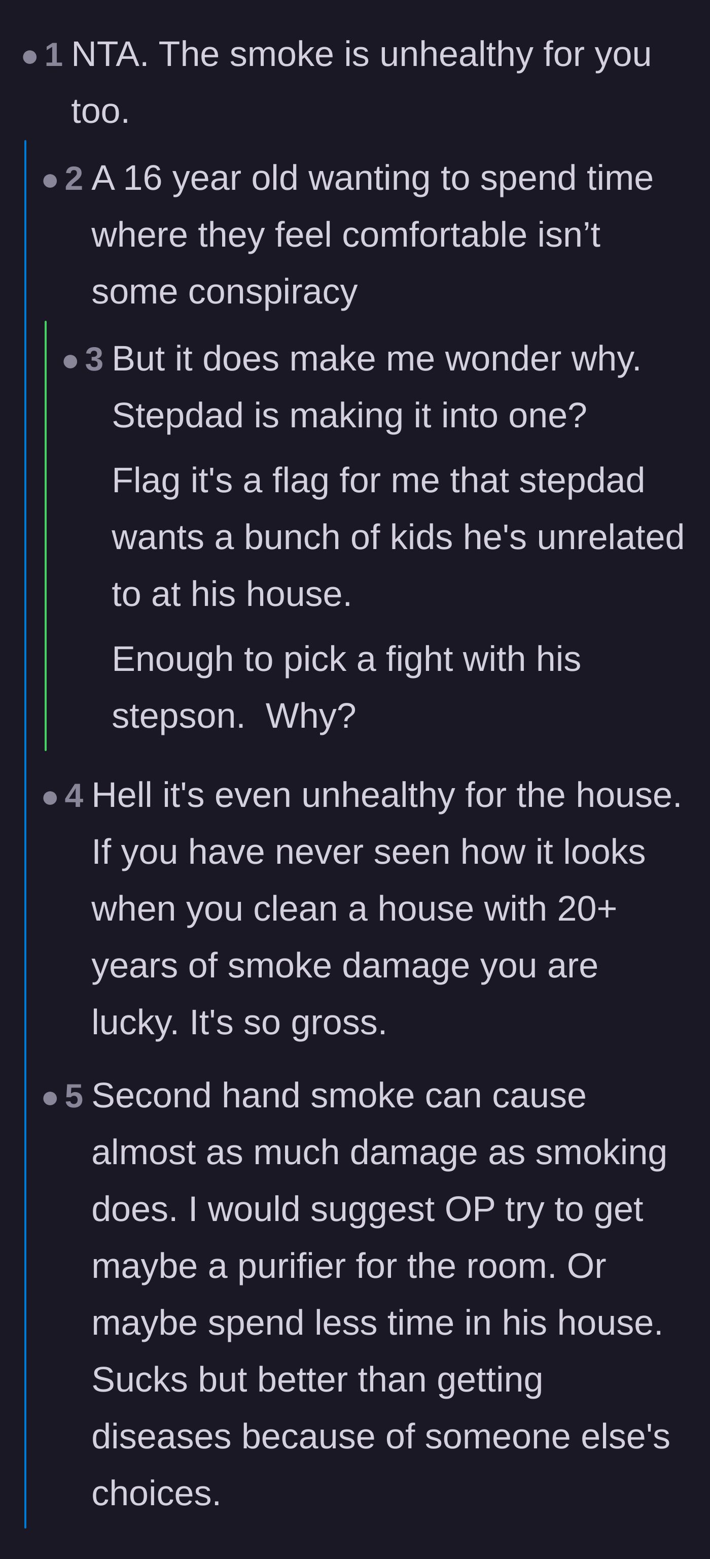 Comment thread 1 - Discussions about the severe health hazards and physical grossness of indoor smoking, including cleaning stained walls.