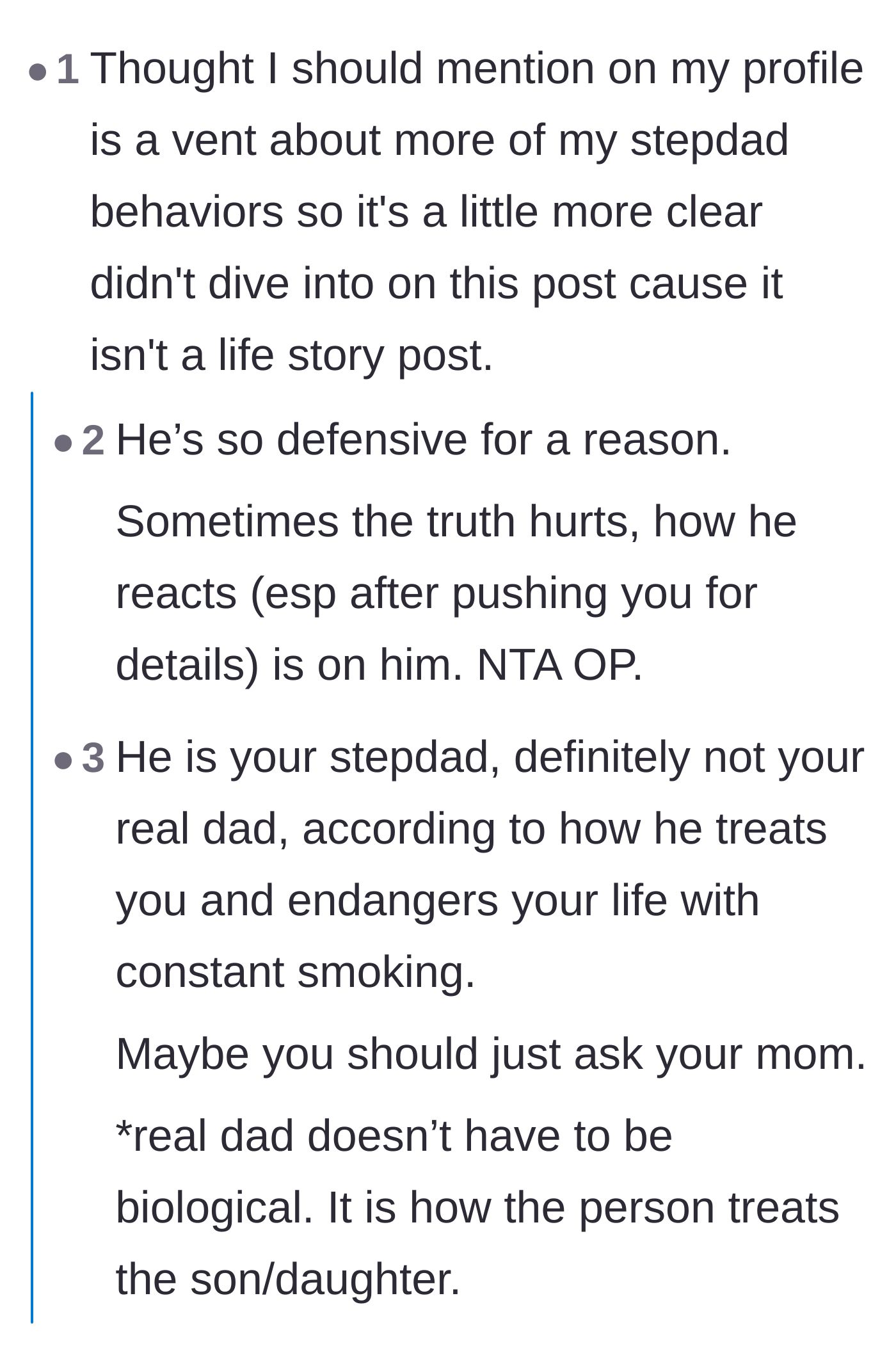 Comment thread 2 - Readers pointing out that the stepdad's defensiveness is a massive red flag for his overall behavior.