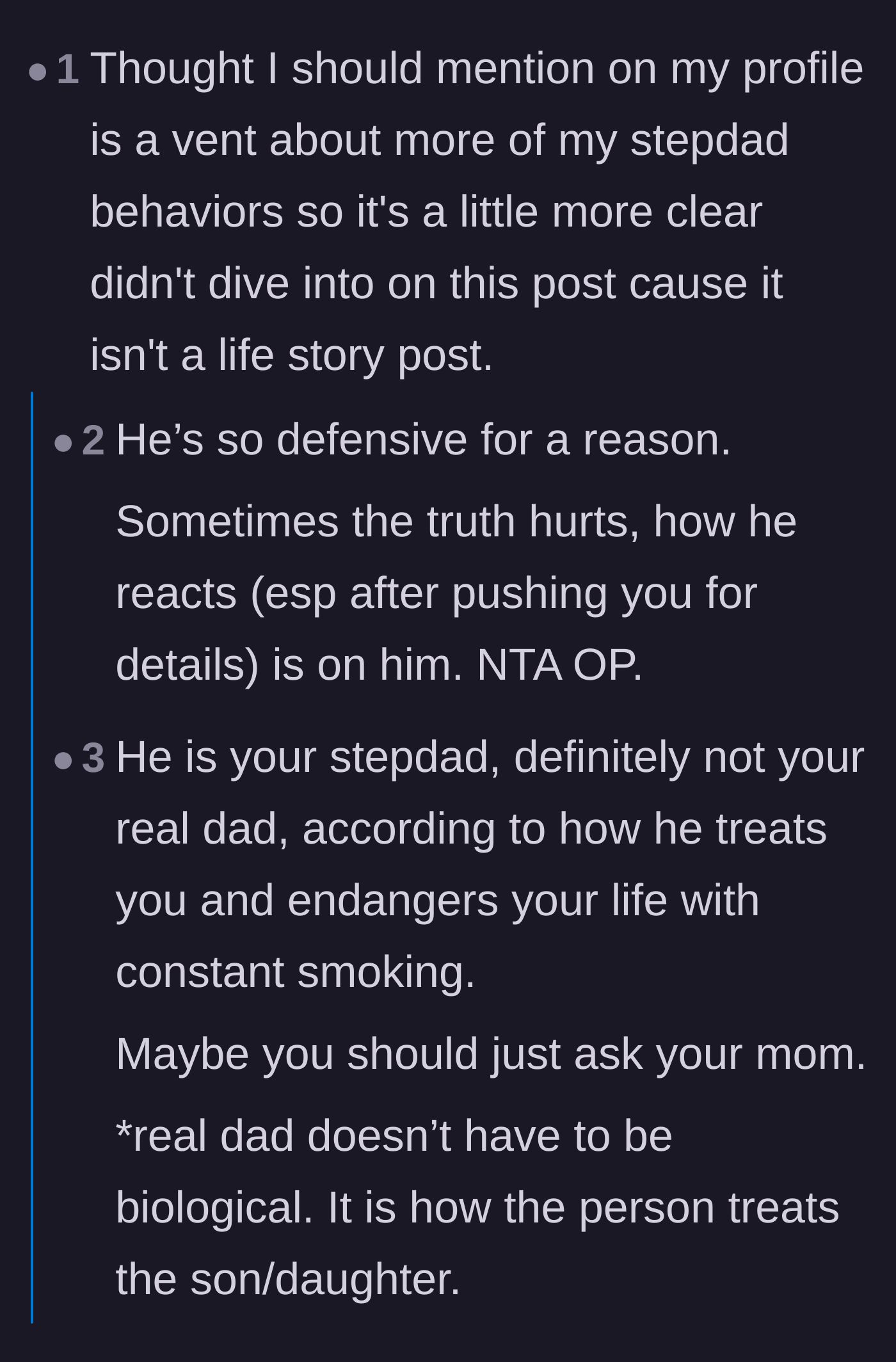 Comment thread 2 - Readers pointing out that the stepdad's defensiveness is a massive red flag for his overall behavior.