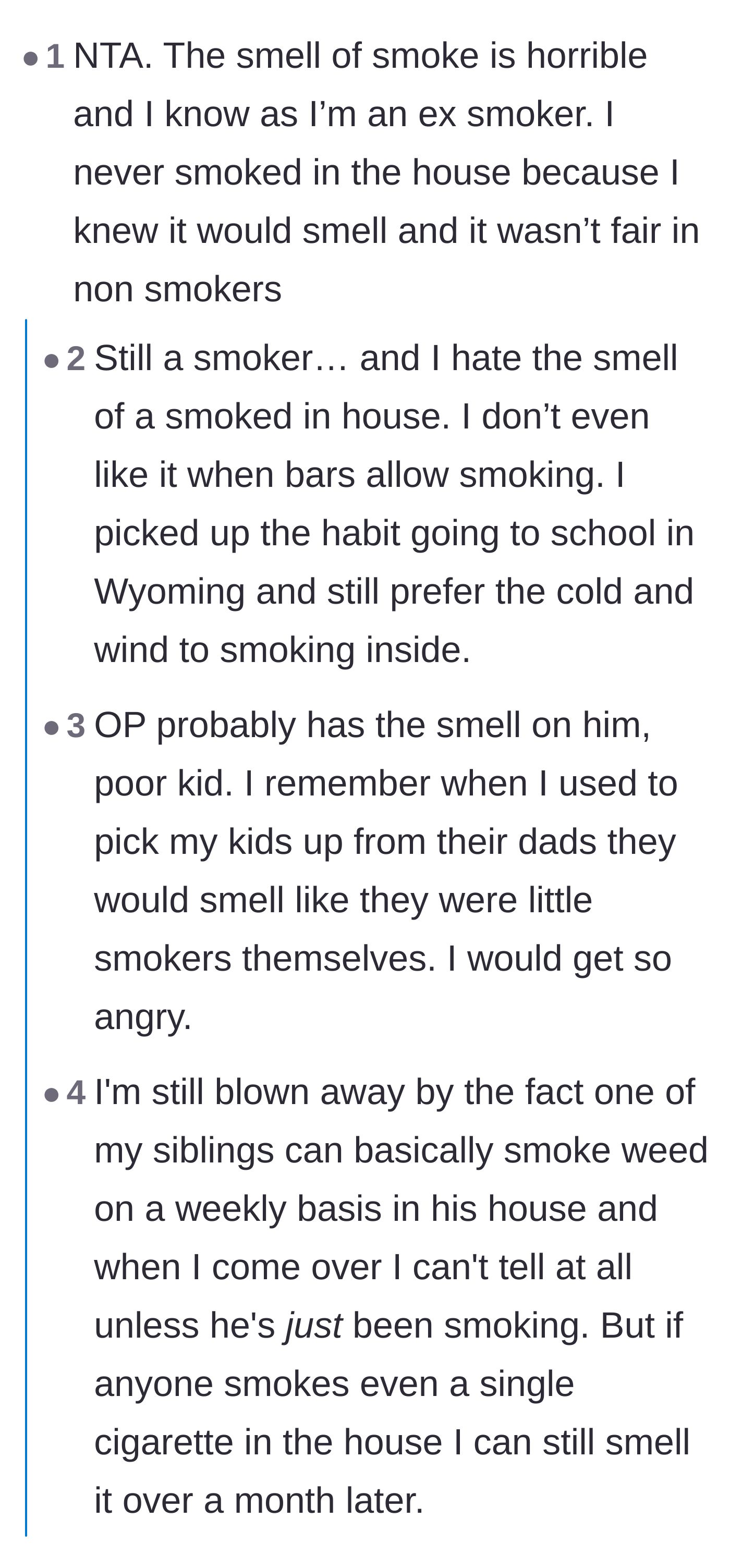 Comment thread 3 - Current and former smokers agreeing that smoking indoors is unfair and disgusting.