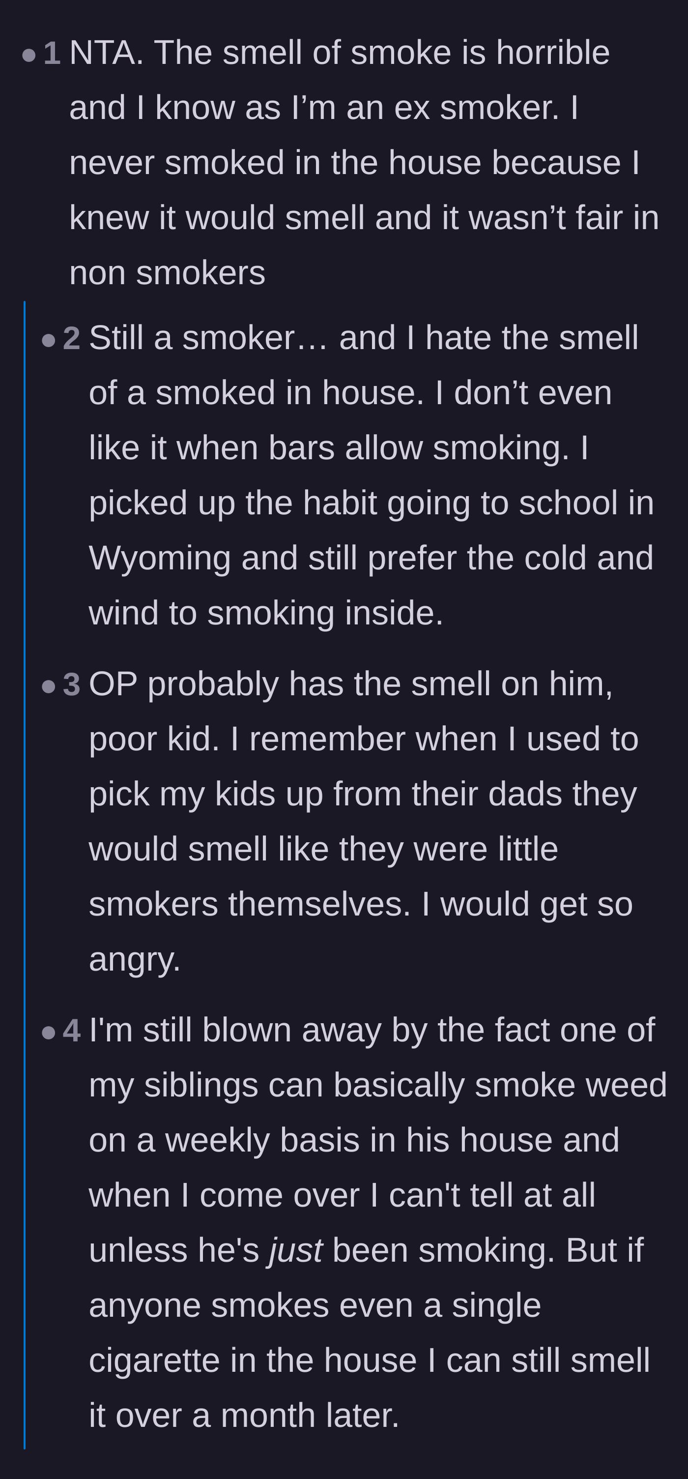 Comment thread 3 - Current and former smokers agreeing that smoking indoors is unfair and disgusting.