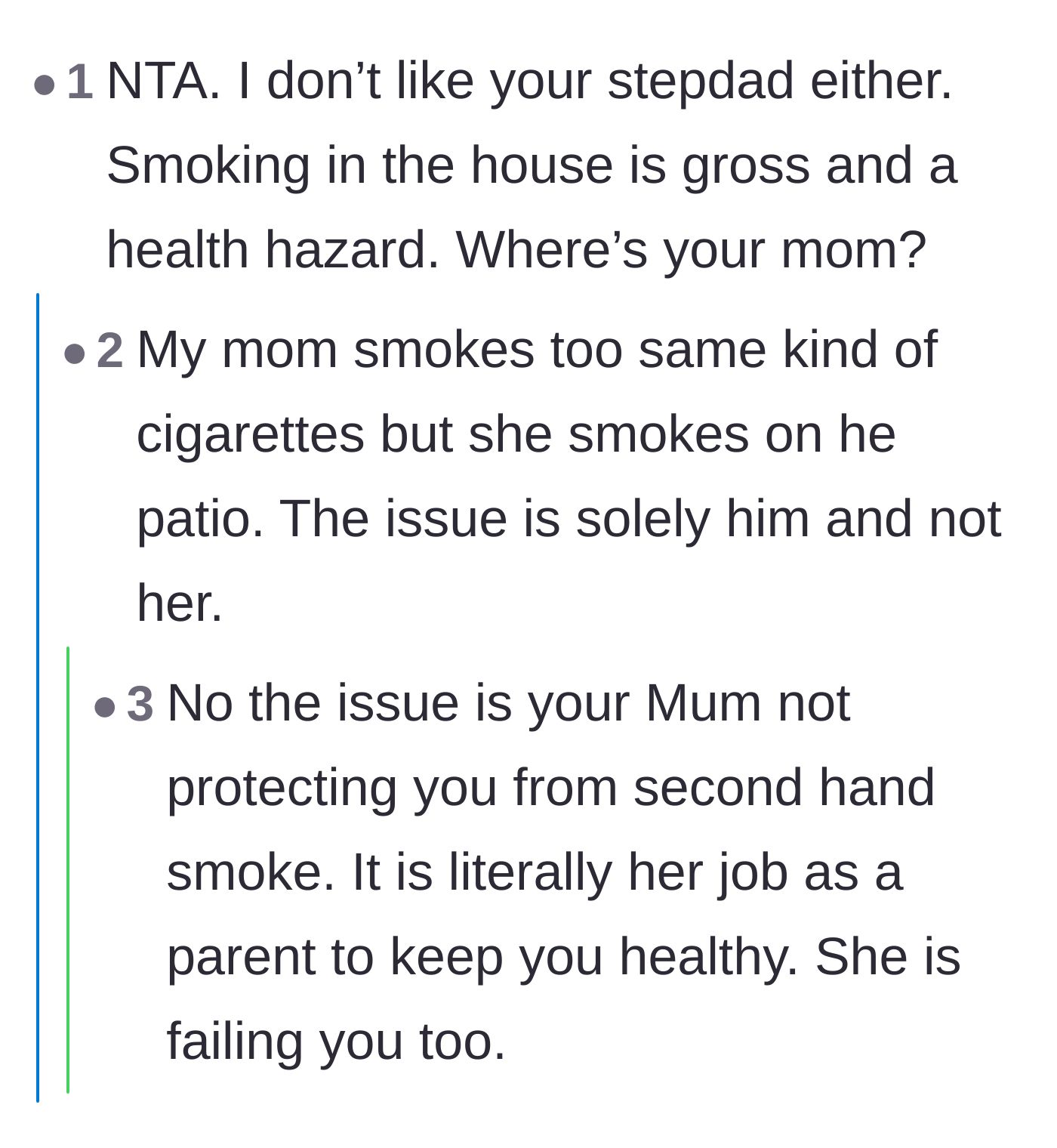 Comment thread 4 - A debate calling out the mother for failing to protect her son from his stepdad's indoor smoking.