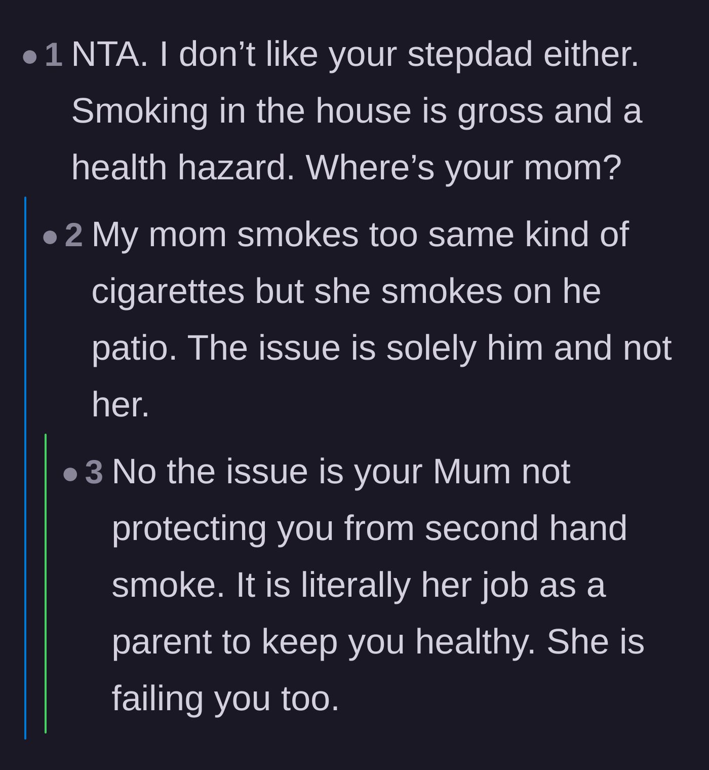 Comment thread 4 - A debate calling out the mother for failing to protect her son from his stepdad's indoor smoking.