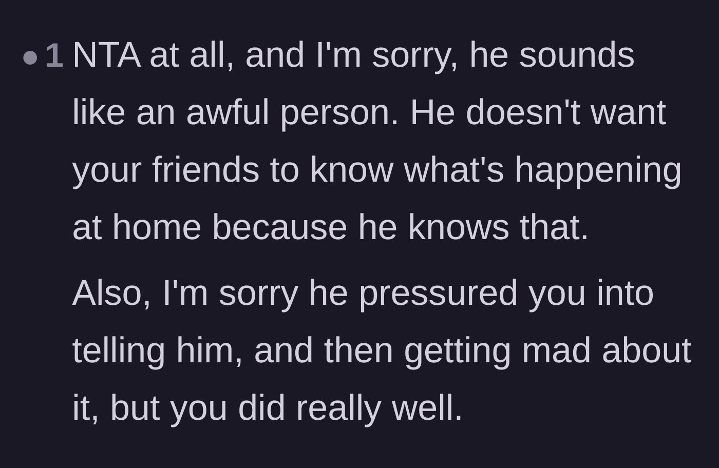 Comment thread 5 - Praise for the teenager holding his ground against an adult trying to hide his toxic home environment.