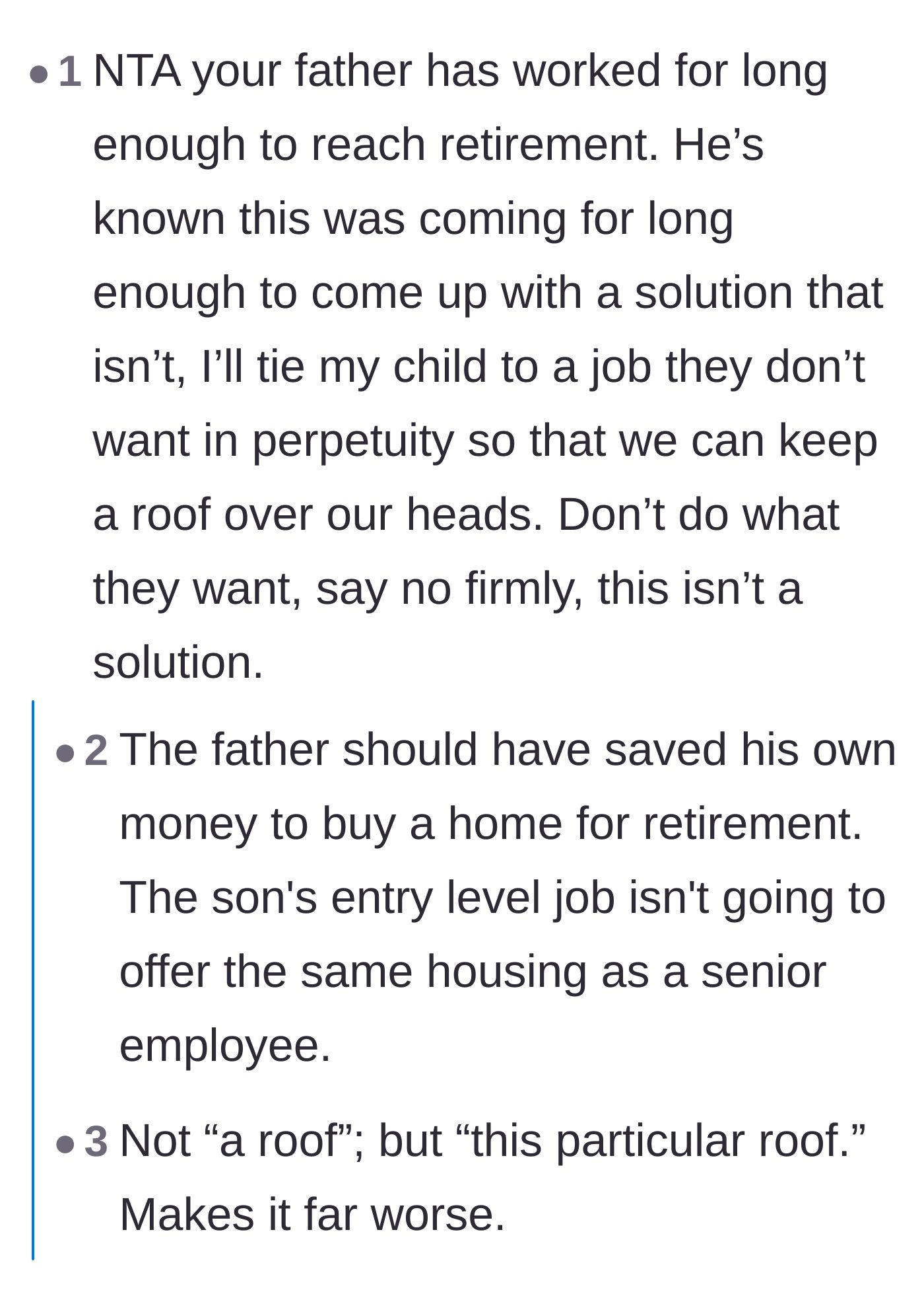 Comment thread 2 - Pointing out the father had years to prepare and that a junior employee won't inherit a senior-level house.