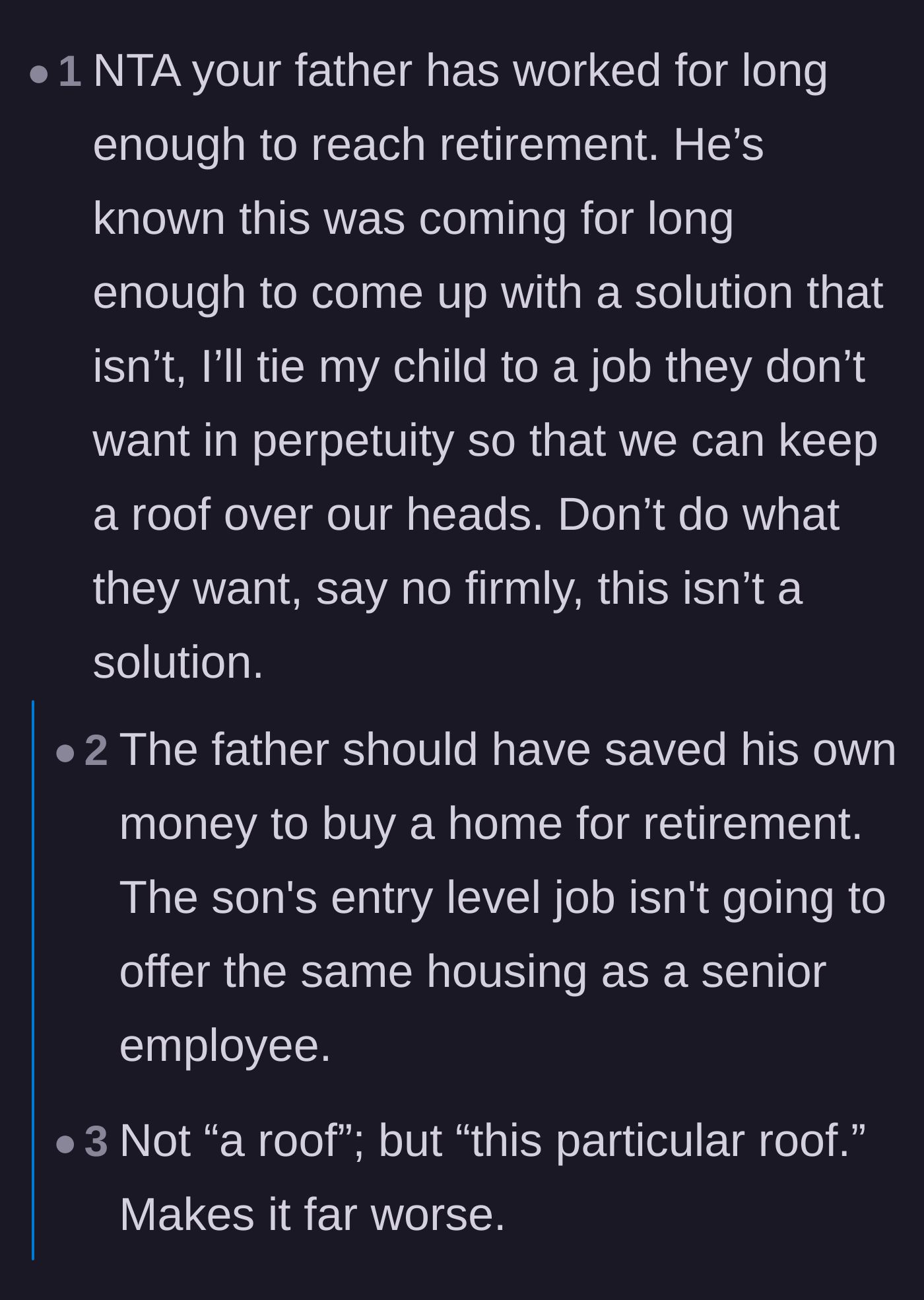 Comment thread 2 - Pointing out the father had years to prepare and that a junior employee won't inherit a senior-level house.