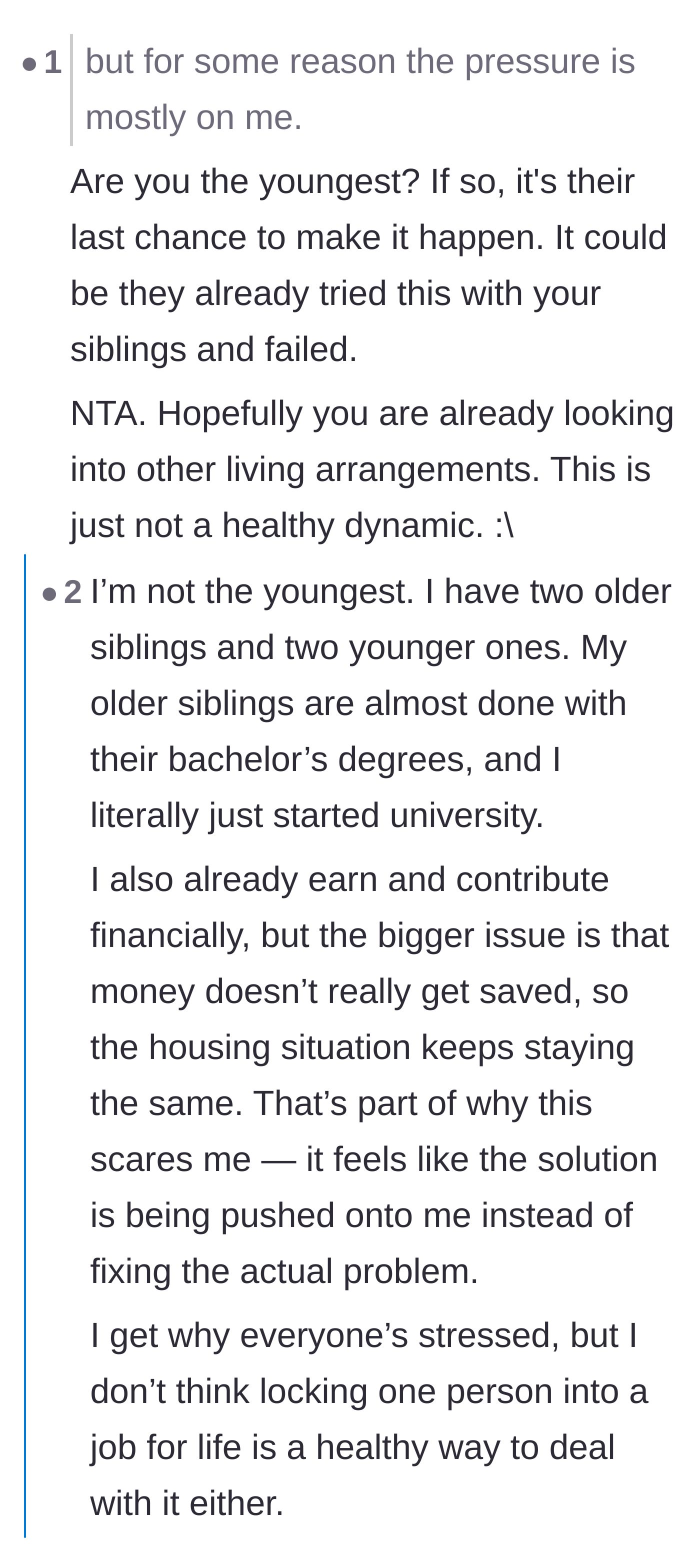 Comment thread 4 - A discussion revealing the parents have an ongoing spending problem rather than an income problem.