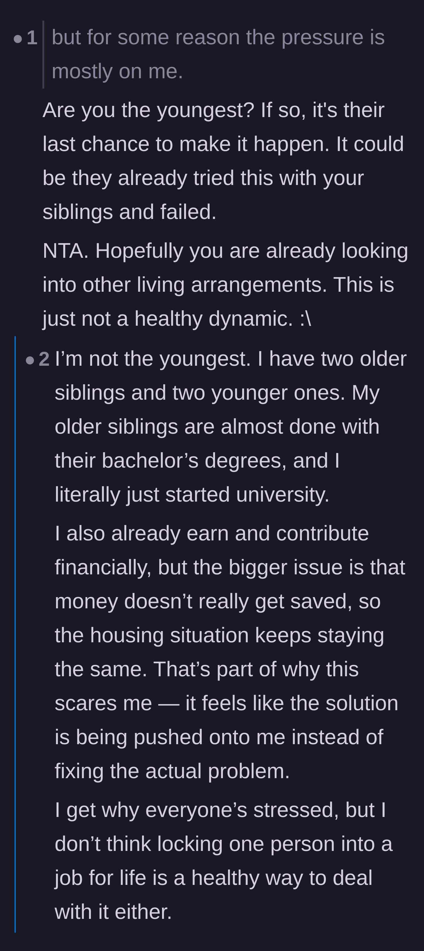 Comment thread 4 - A discussion revealing the parents have an ongoing spending problem rather than an income problem.