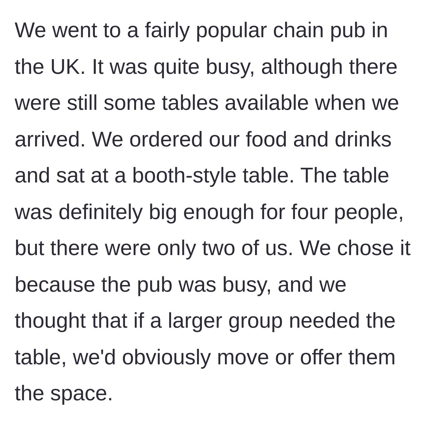 Story part 2 - The women finding a four-person booth in a busy chain pub and taking a seat.