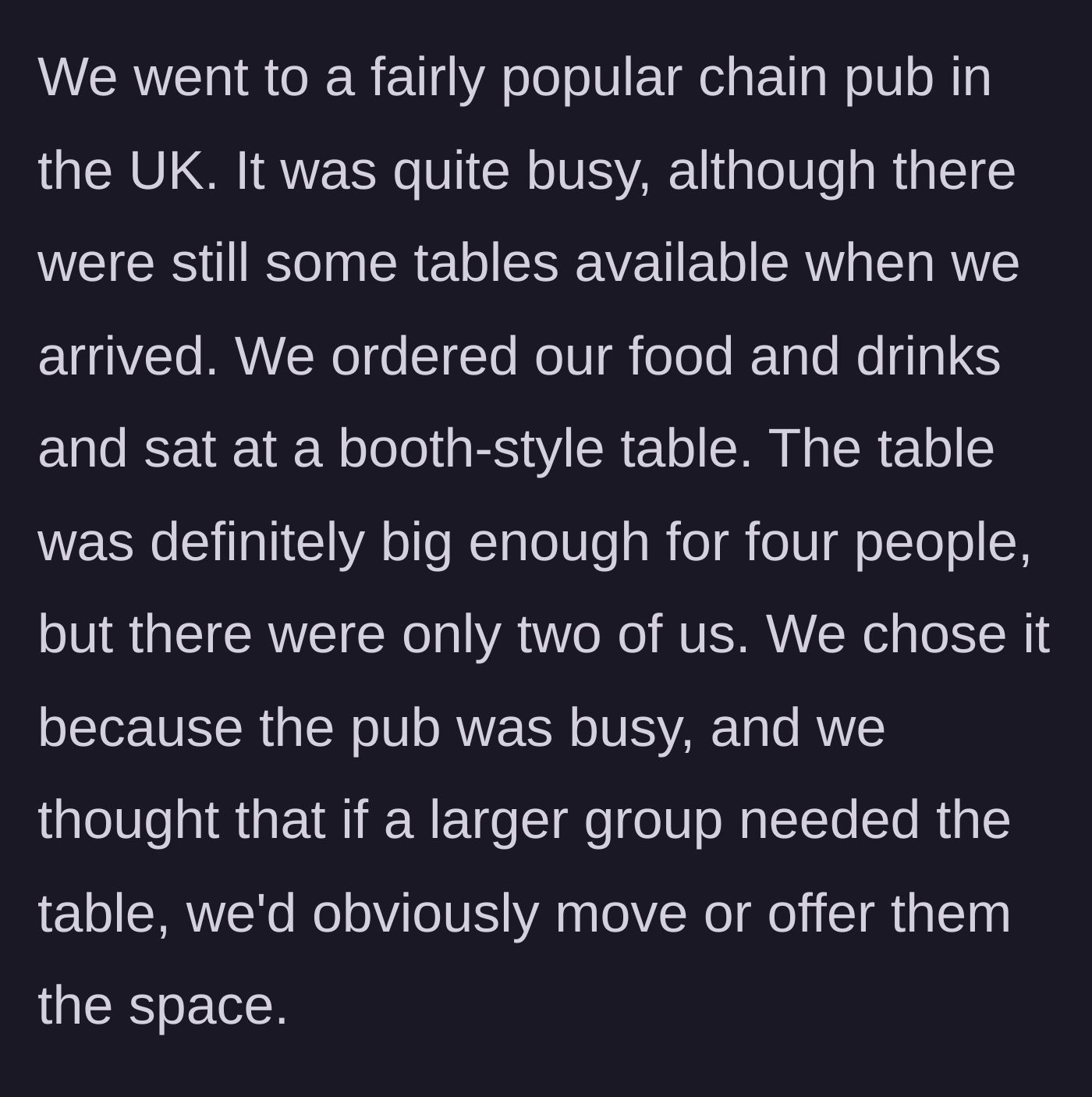Story part 2 - The women finding a four-person booth in a busy chain pub and taking a seat.