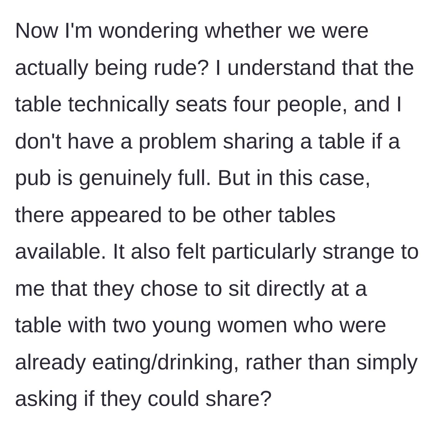 Story part 6 - The young woman wondering if she was somehow in the wrong for protecting her space.