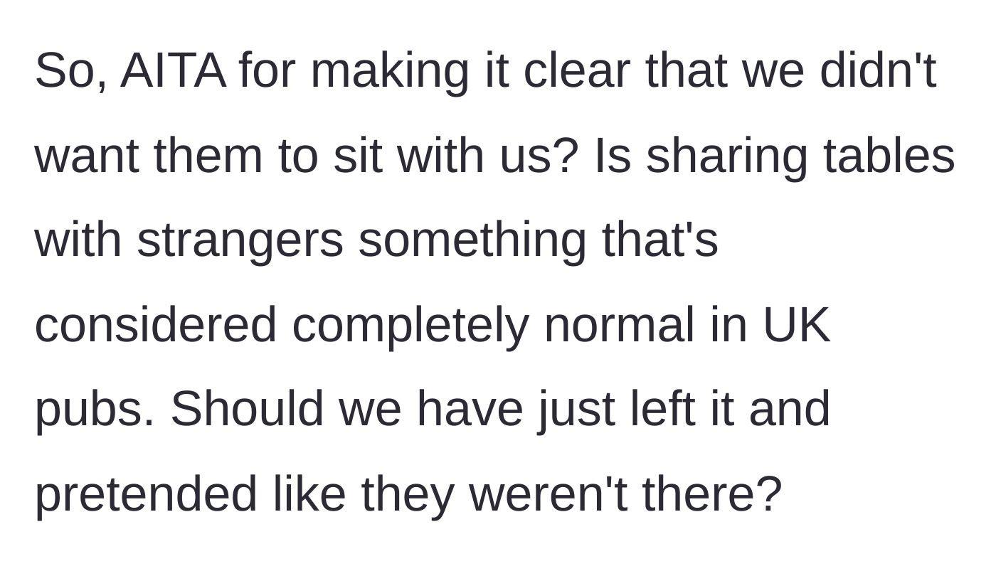 Story part 7 - The woman asking the internet if sharing tables with strangers is a normal cultural expectation.