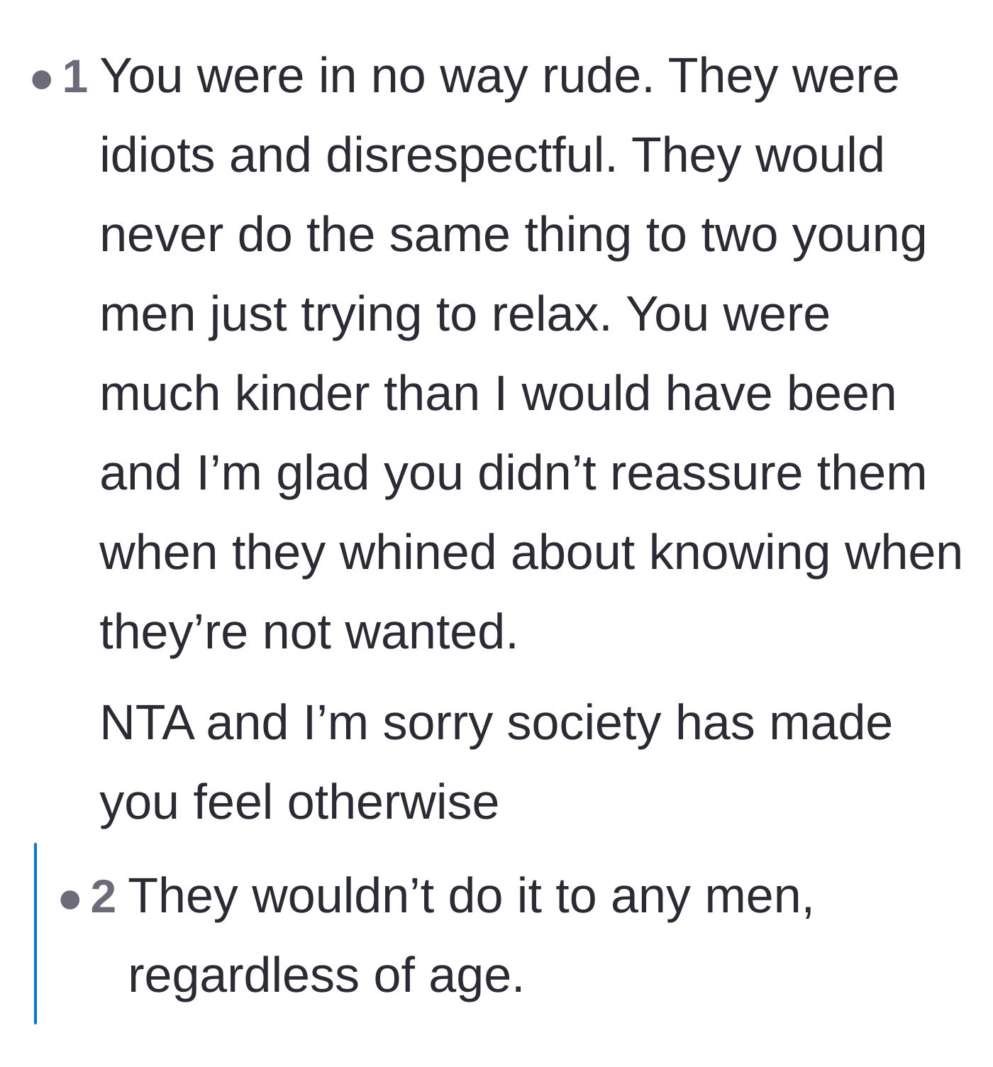 Comment thread 6 - Pointing out that these older men would never have tried to corner two younger men in a booth.