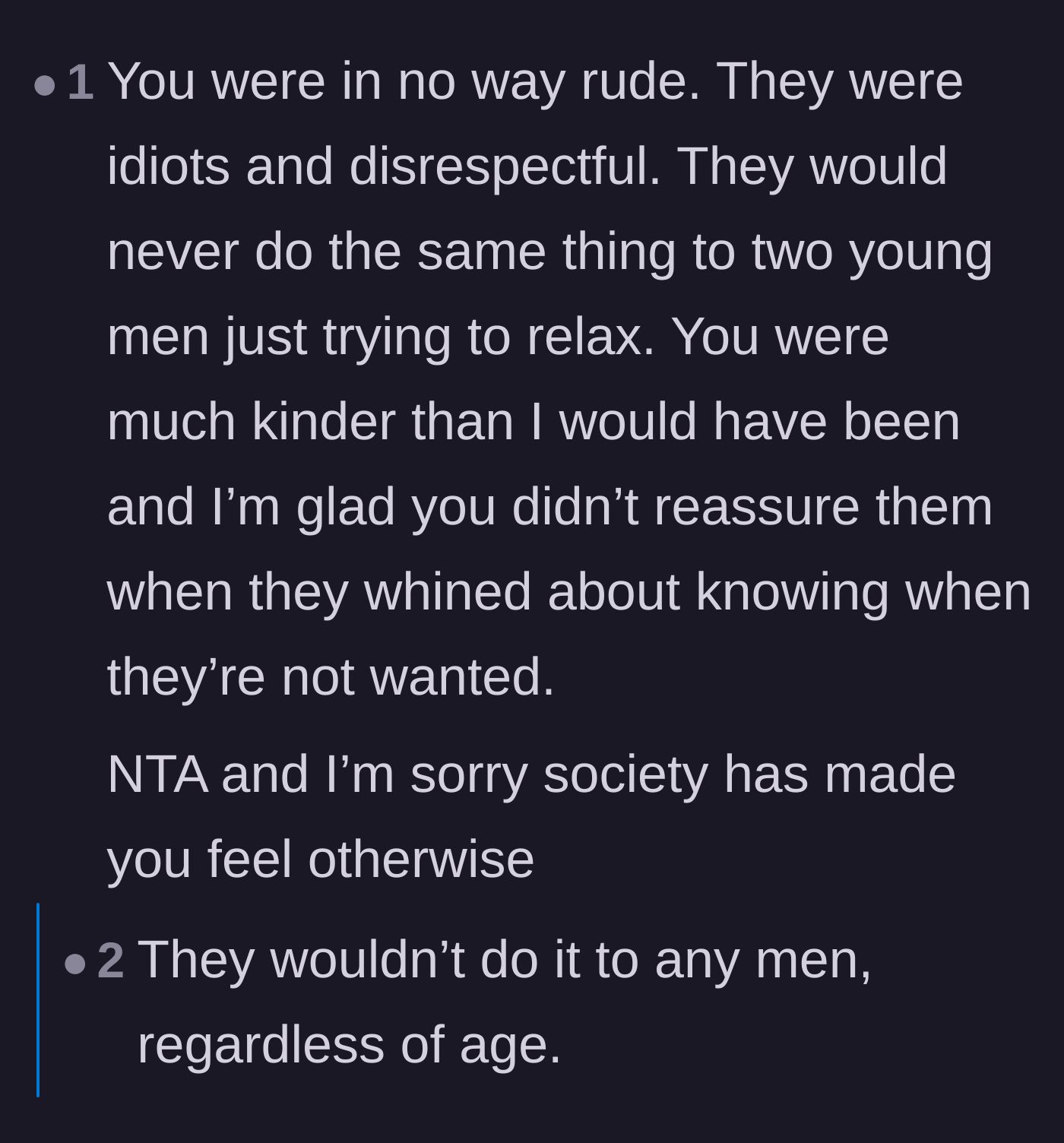 Comment thread 6 - Pointing out that these older men would never have tried to corner two younger men in a booth.