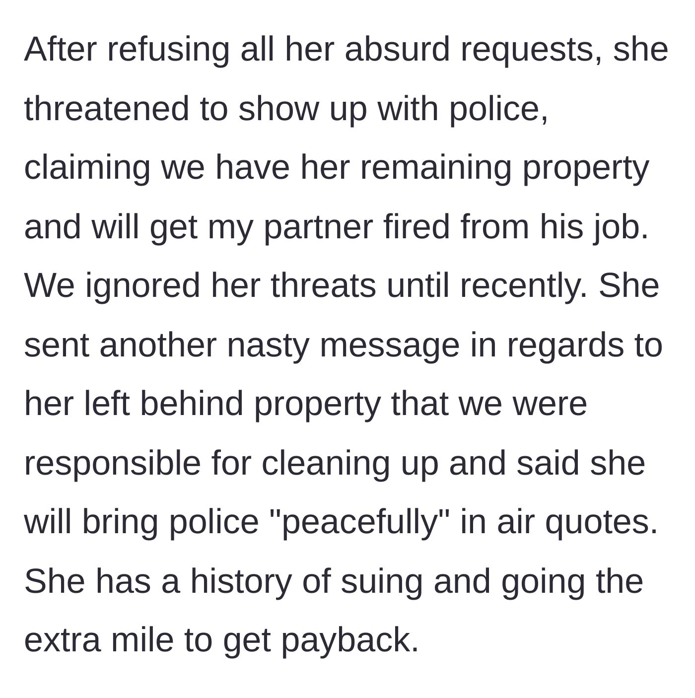 Story part 5 - The sister-in-law threatens police action and sabotaging the boyfriend's job over left-behind property.