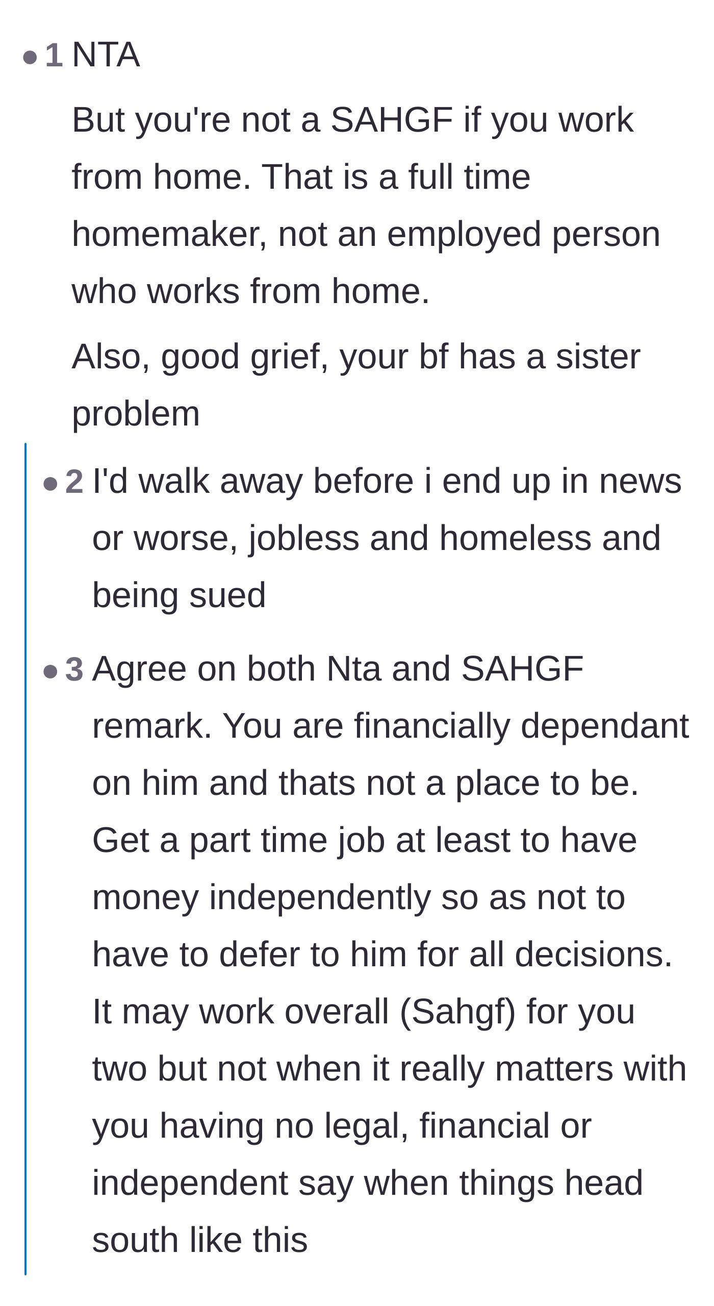 Comment thread 3 - Readers pointing out the boyfriend's absurd logic of telling her it's not a big deal while simultaneously telling her to arm herself.