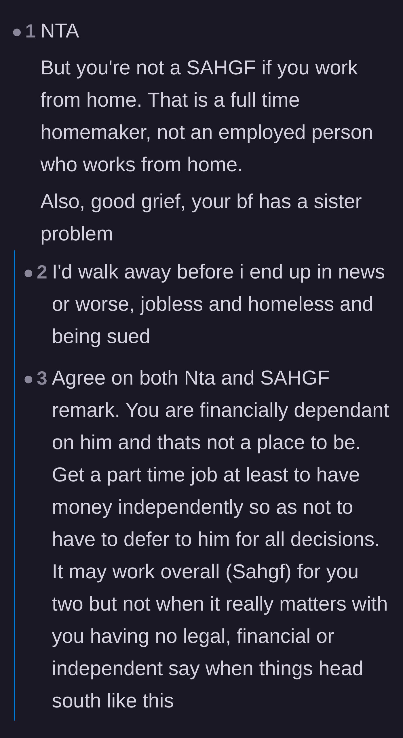 Comment thread 3 - Readers pointing out the boyfriend's absurd logic of telling her it's not a big deal while simultaneously telling her to arm herself.