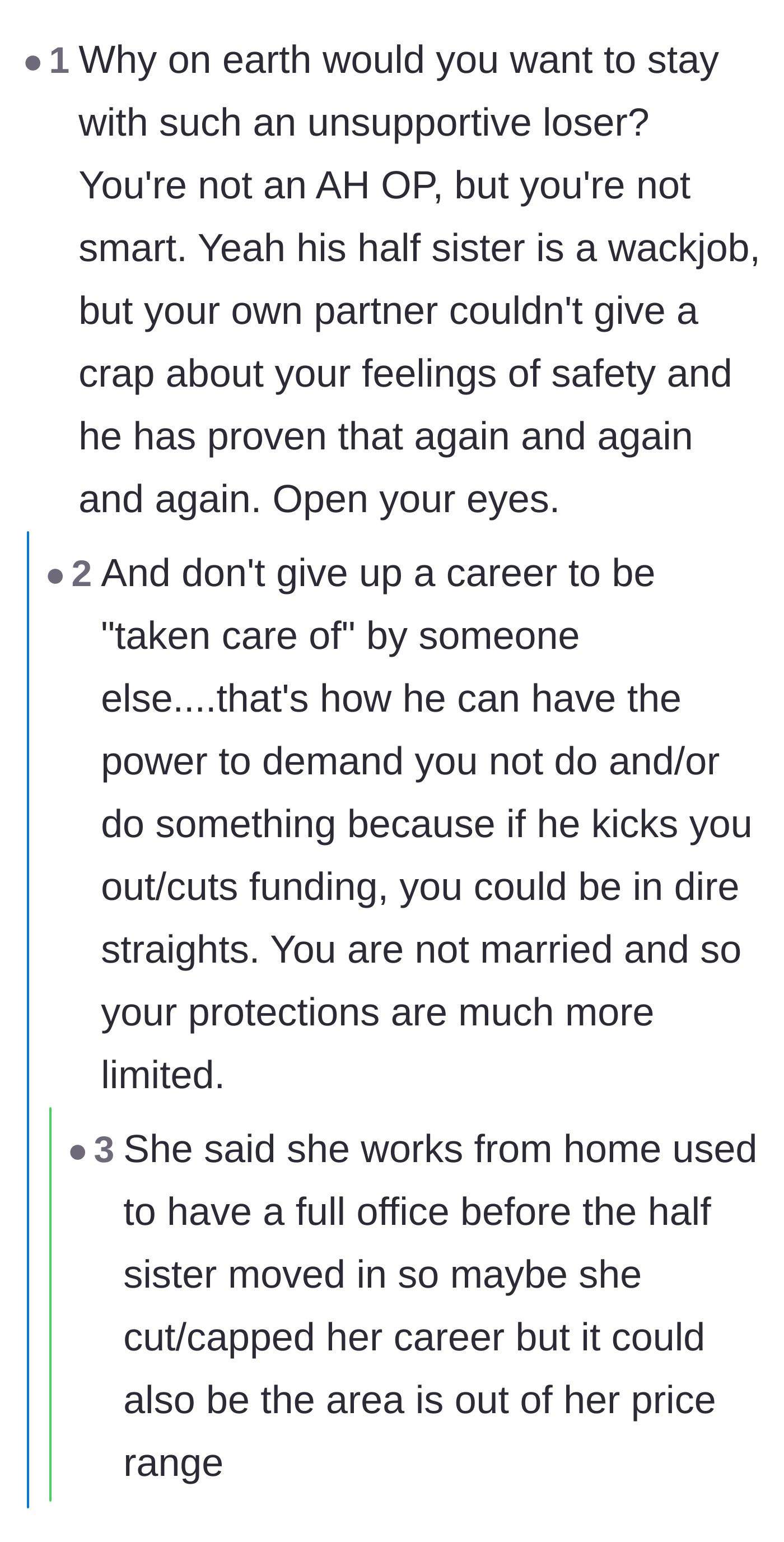 Comment thread 5 - A harsh but necessary conversation about the extreme dangers of financial dependence when your partner turns out to be abusive.