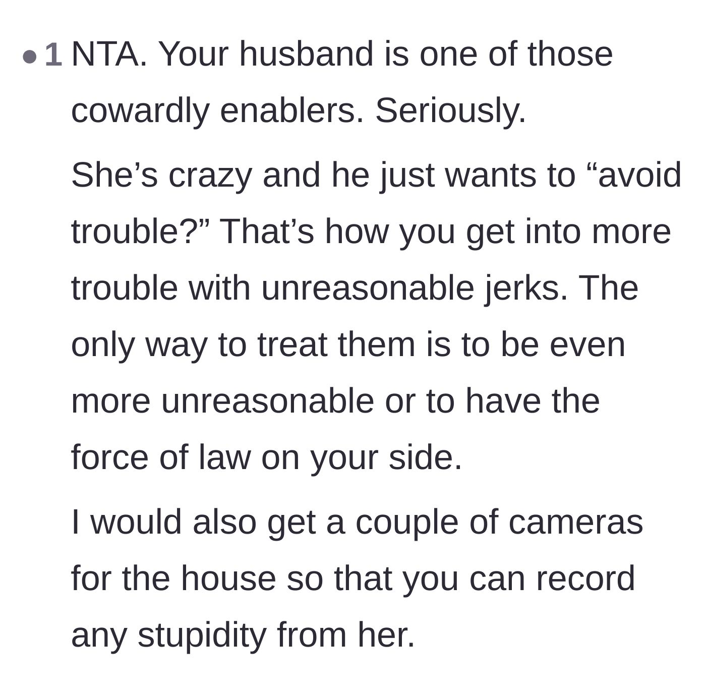 Comment thread 6 - Calling the boyfriend a cowardly enabler who makes things infinitely worse by trying to avoid conflict.