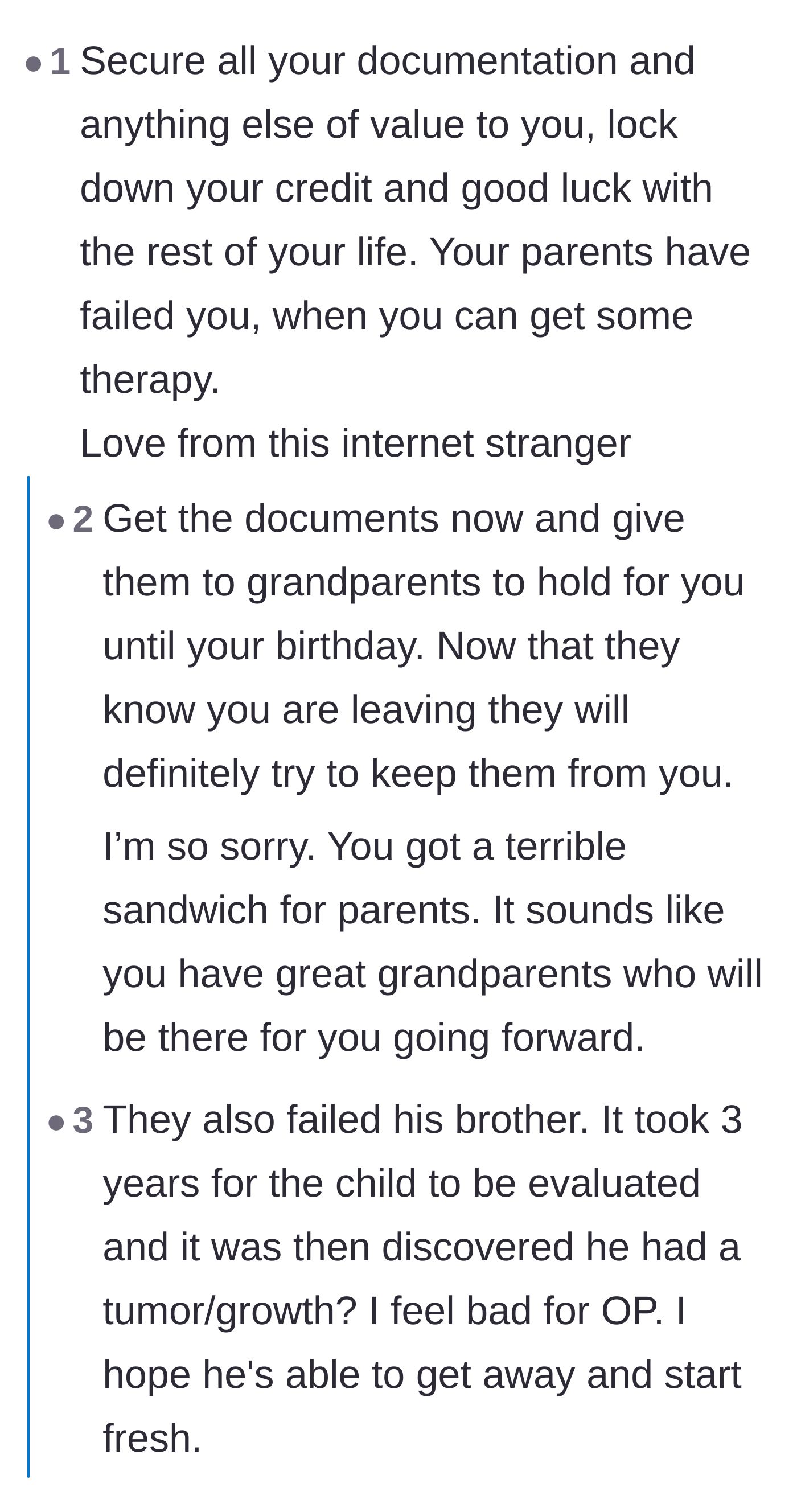Comment thread 2 - Readers advising the teenager to secure his important documents and seek trauma therapy.