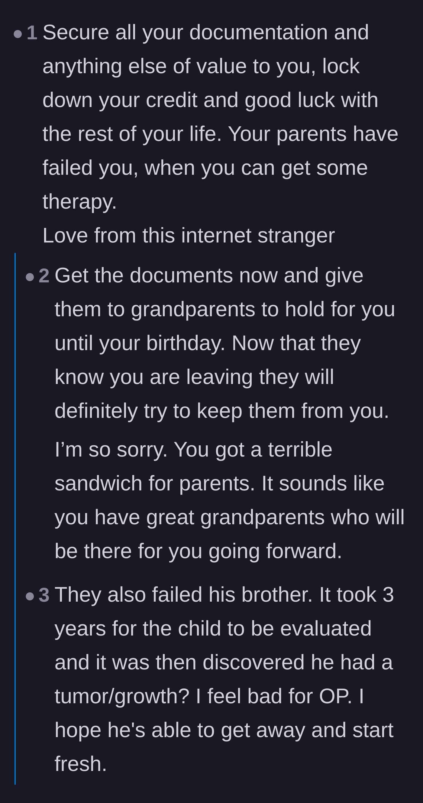 Comment thread 2 - Readers advising the teenager to secure his important documents and seek trauma therapy.