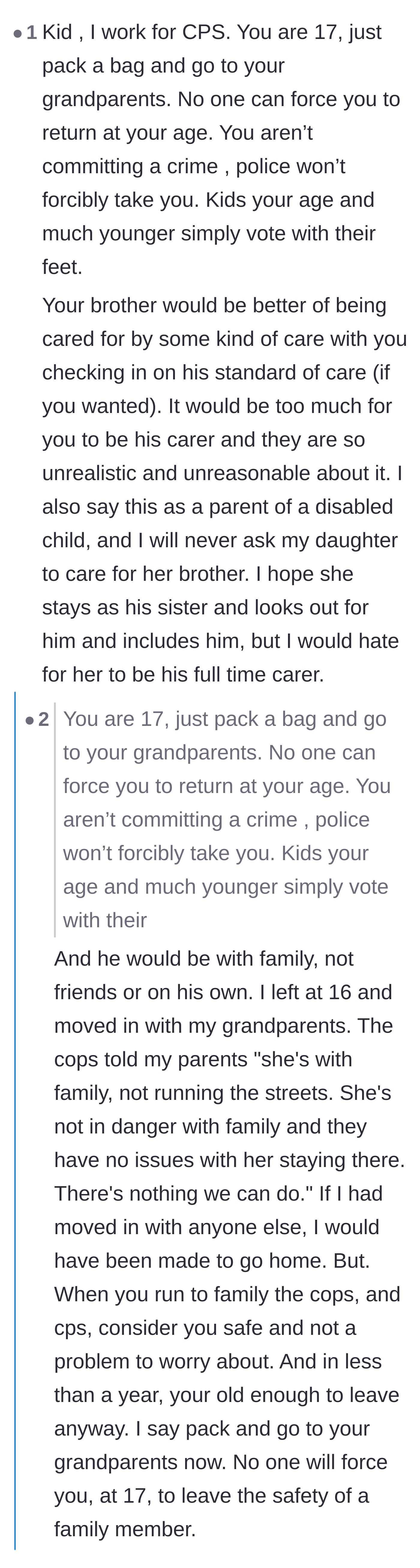 Comment thread 4 - A child protective services worker explaining that a seventeen-year-old can safely leave without police interference.