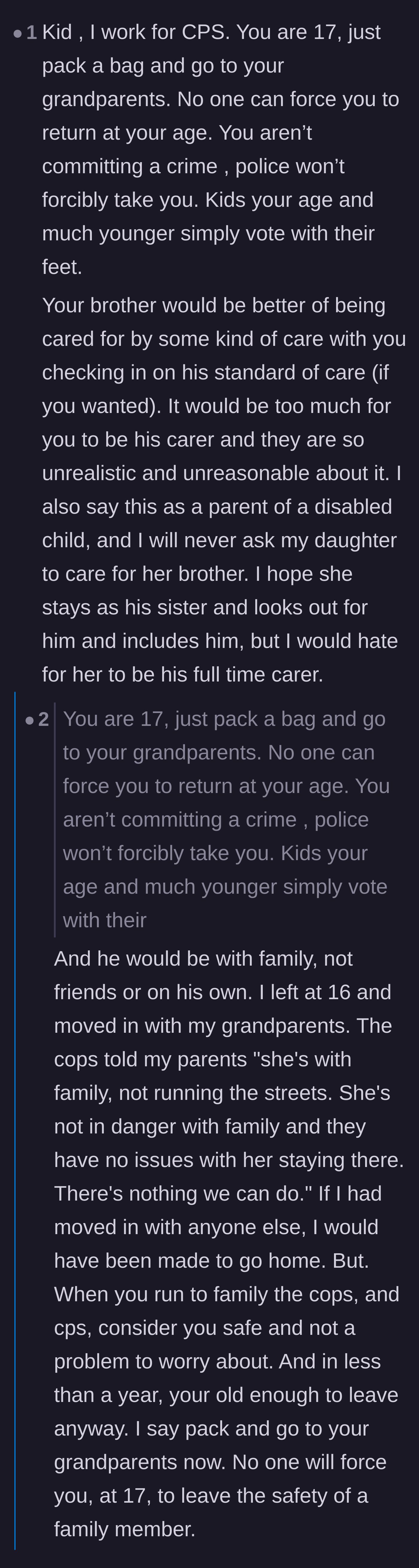 Comment thread 4 - A child protective services worker explaining that a seventeen-year-old can safely leave without police interference.