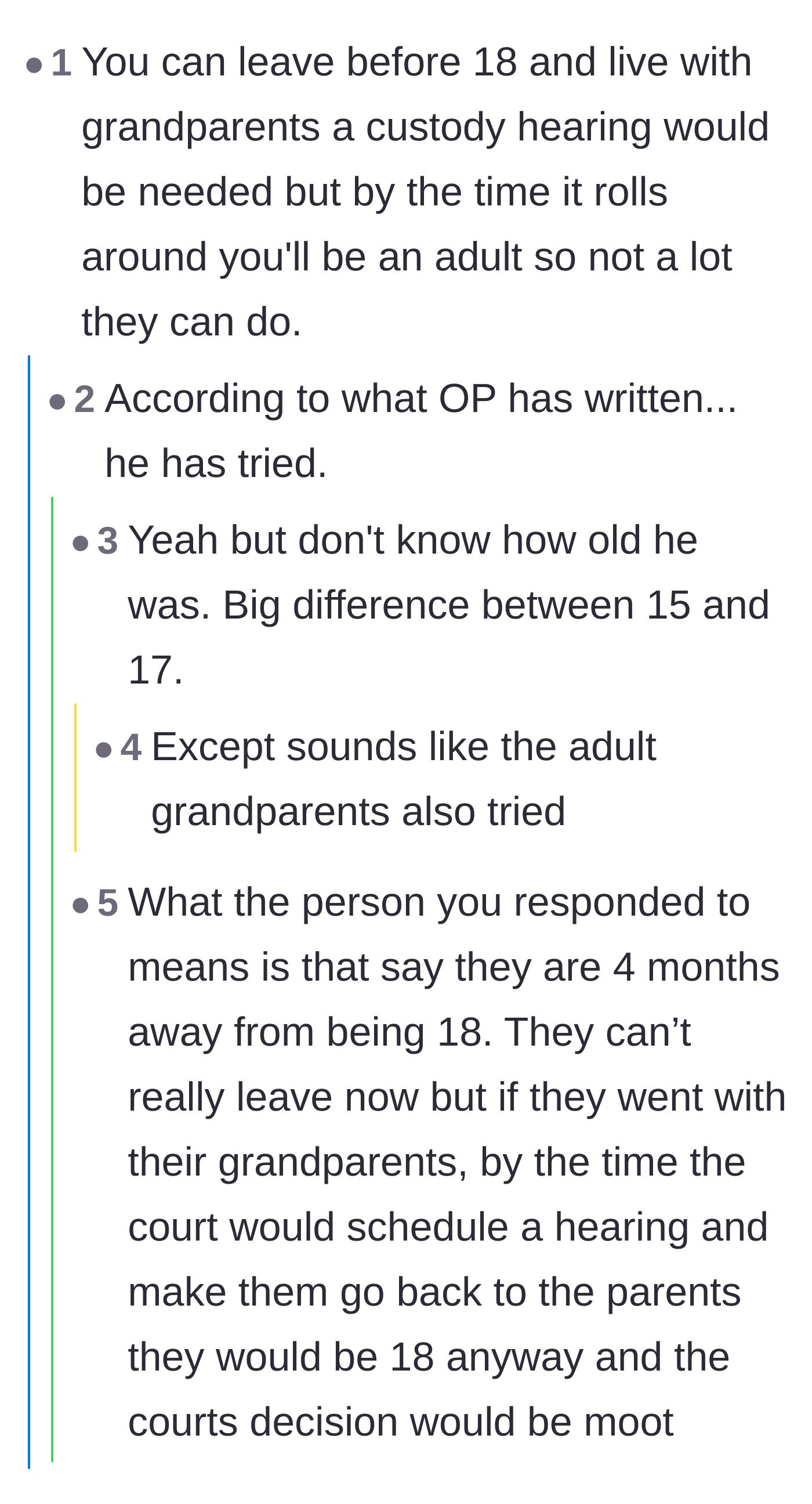 Comment thread 5 - A debate about family court timelines and how his approaching eighteenth birthday works in his favor.